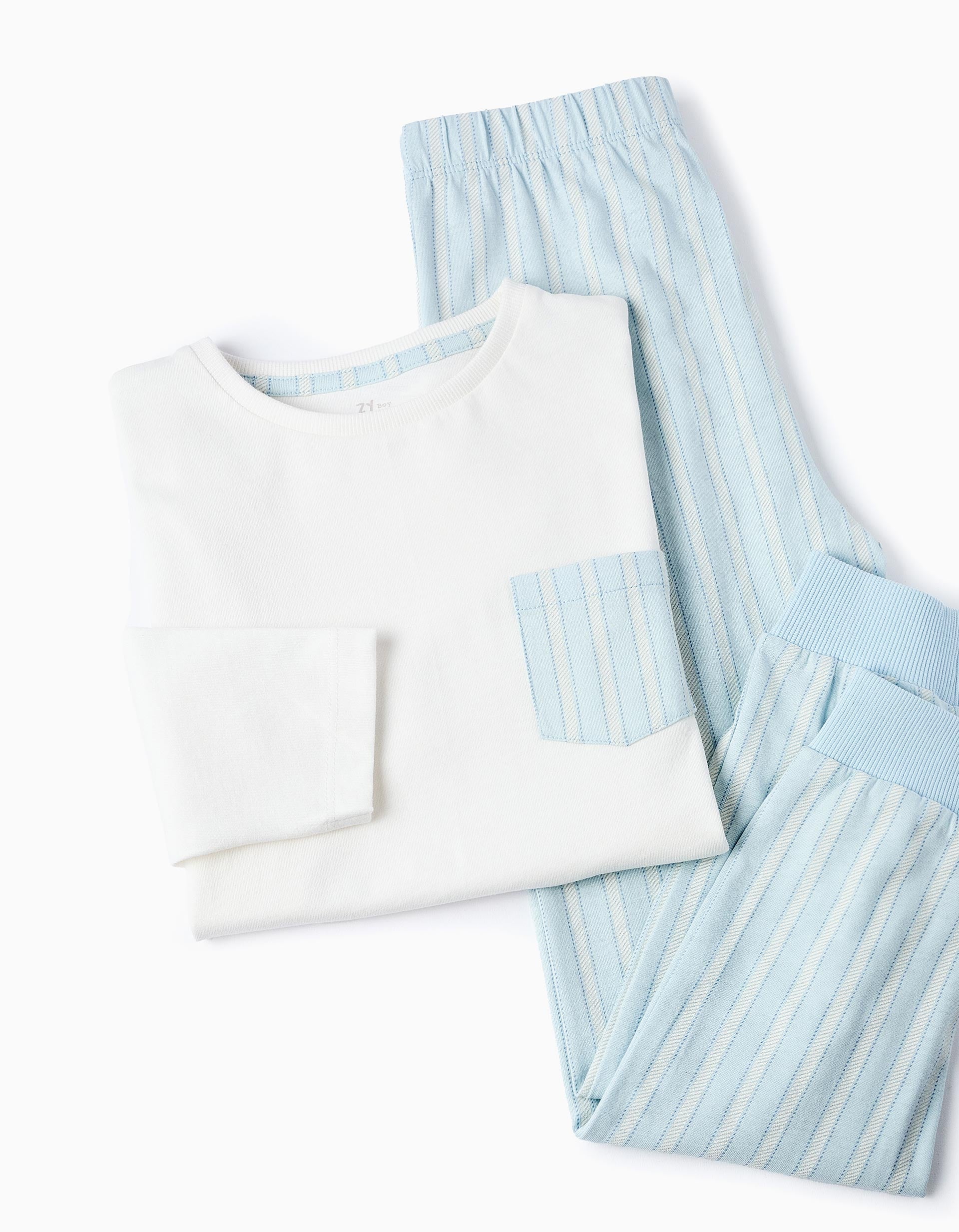 Pijama de Algodão com Bolso e Riscas para Menino, Azul/Branco