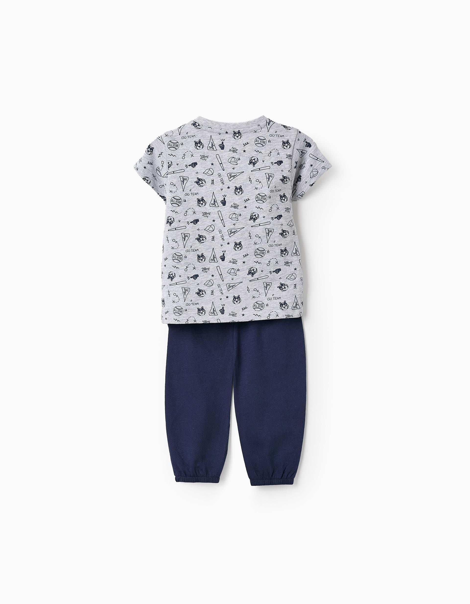 Pijama de Algodão para Bebé Menino 'Basebol', Cinza/Azul Escuro