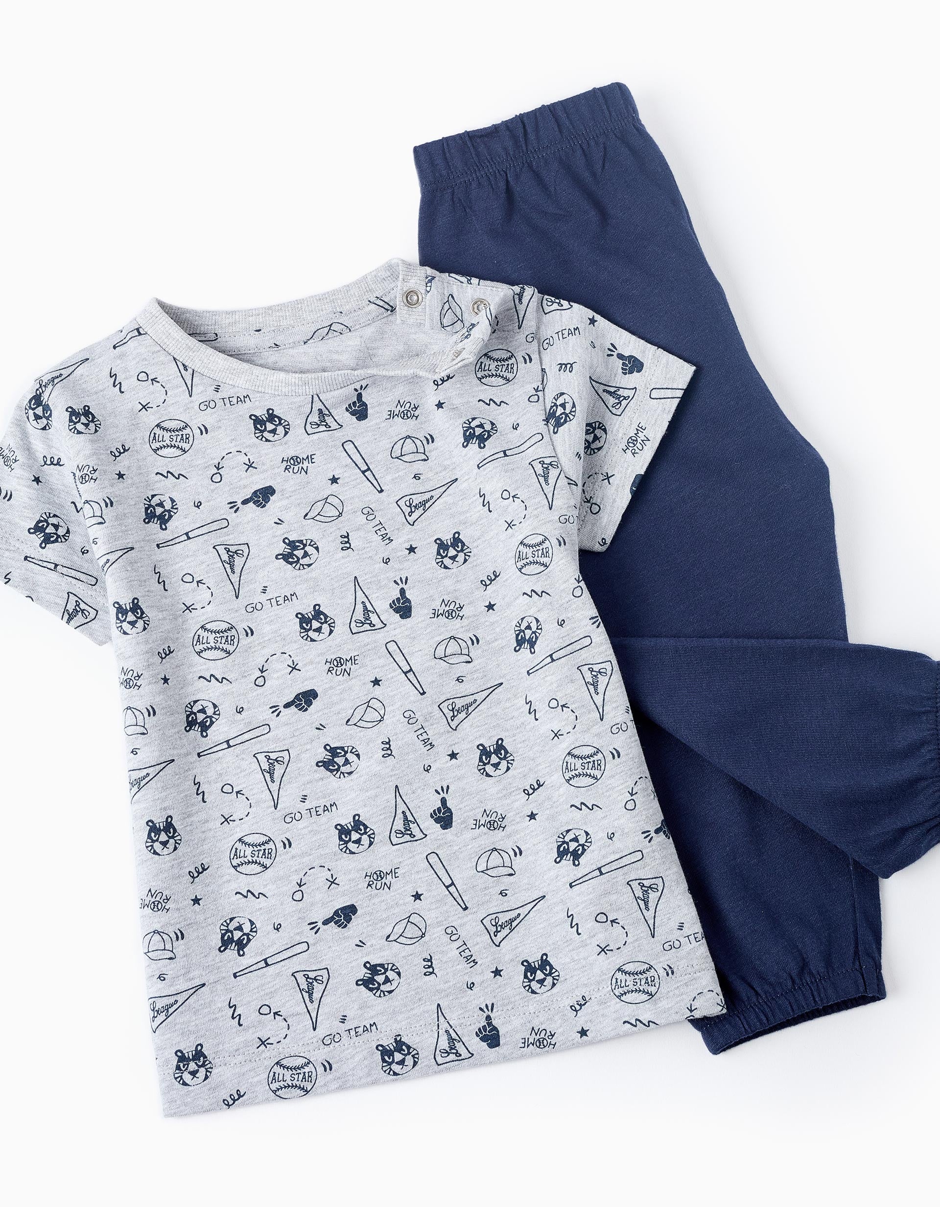 Pijama de Algodão para Bebé Menino 'Basebol', Cinza/Azul Escuro