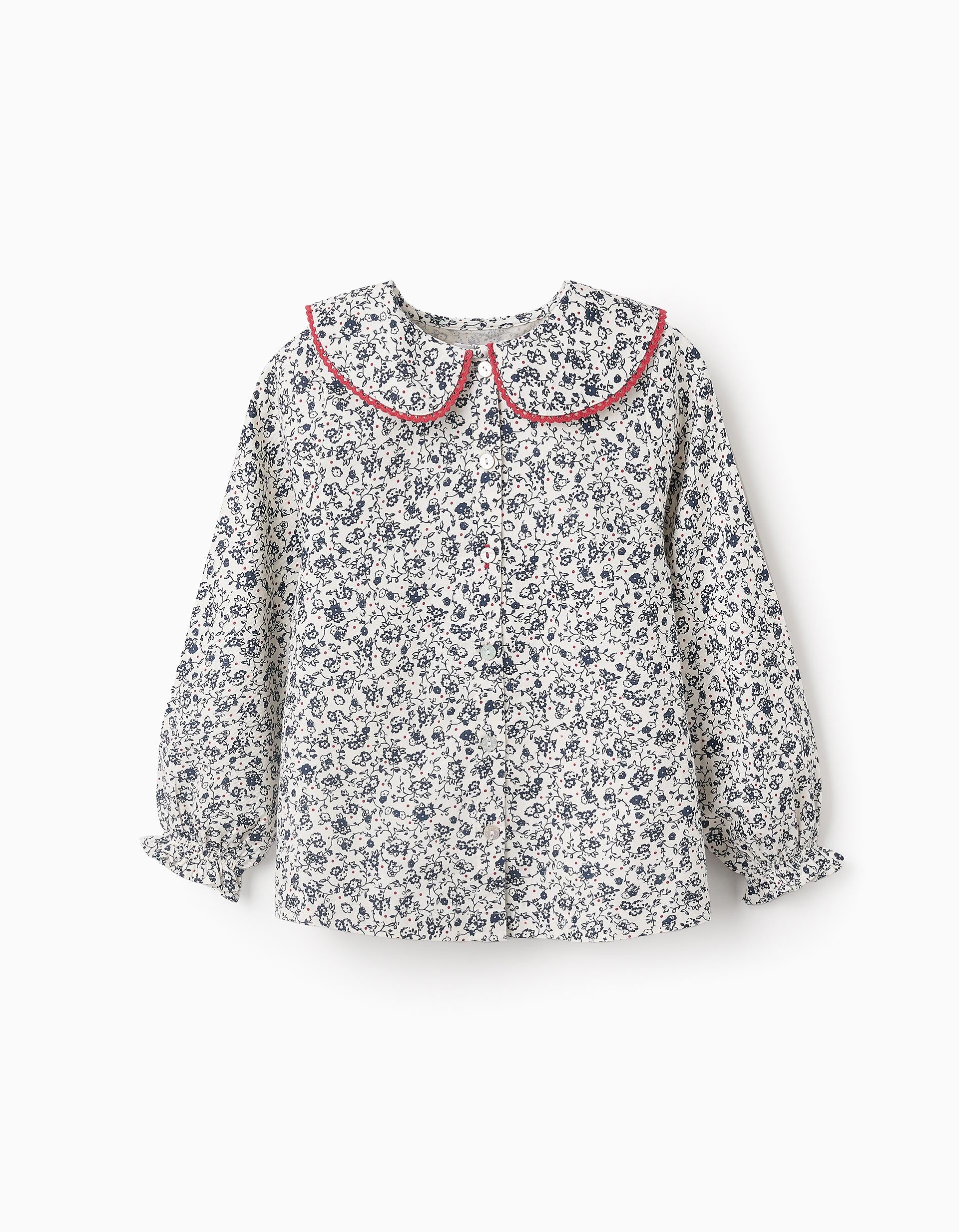 Floral Cotton Shirt for Girls, White/Blue