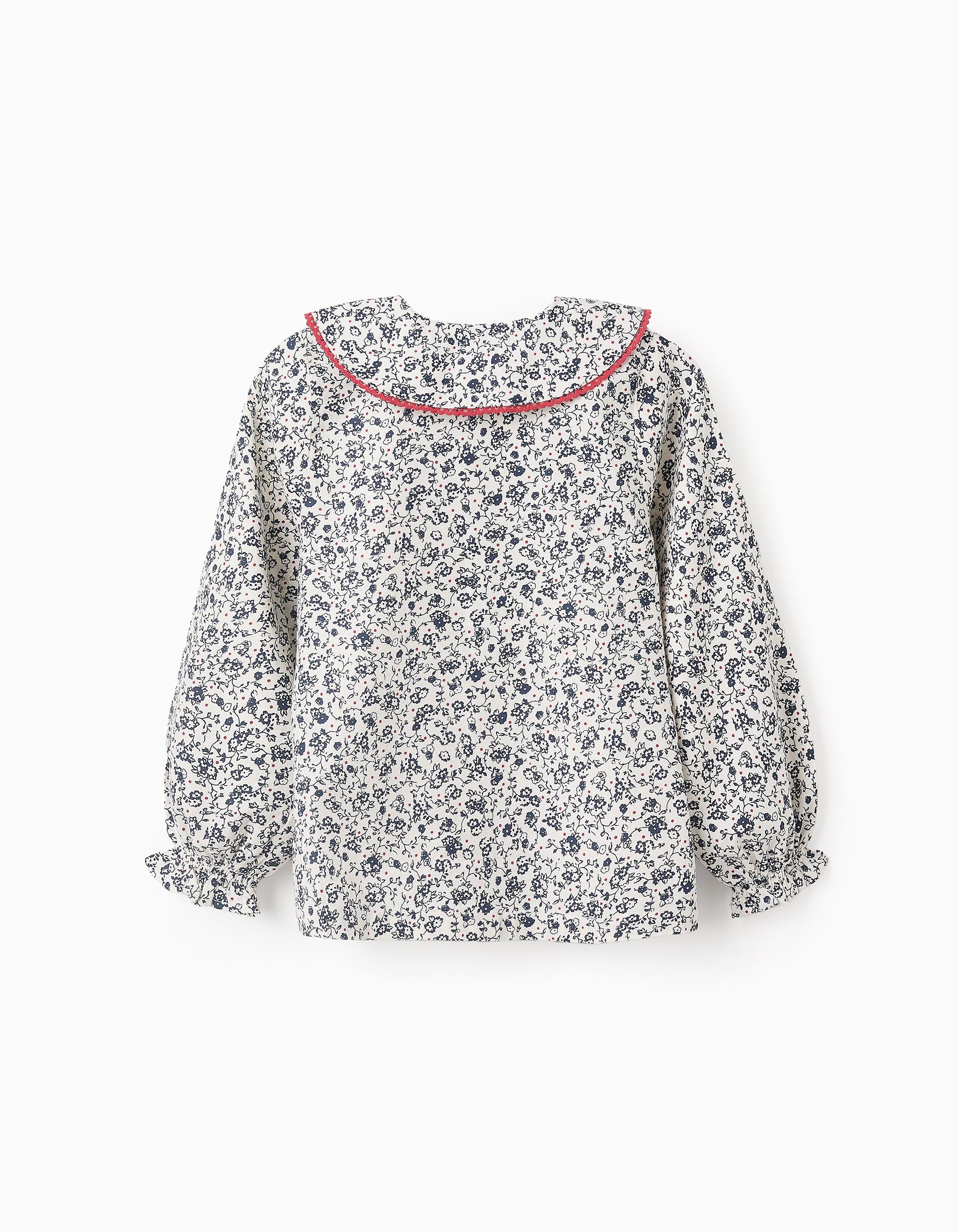 Floral Cotton Shirt for Girls, White/Blue