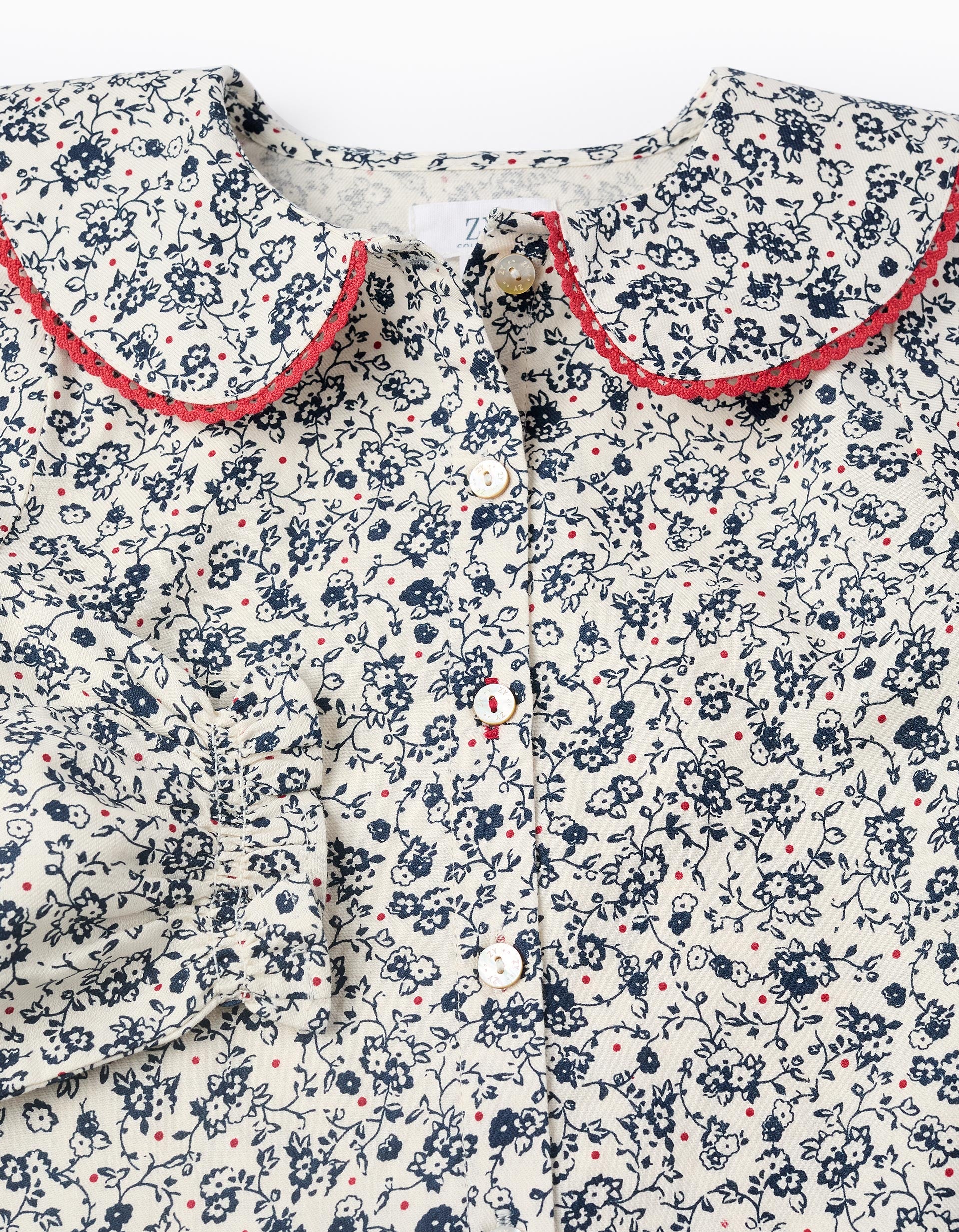 Camisa Floral em Algodão para Menina, Branco/Azul