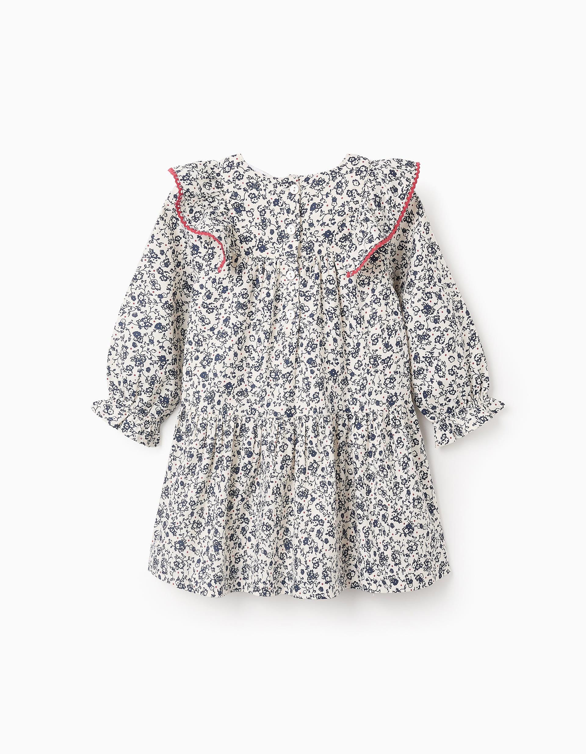 Vestido Floral en Algodón para Bebé Niña, Blanco/Azul