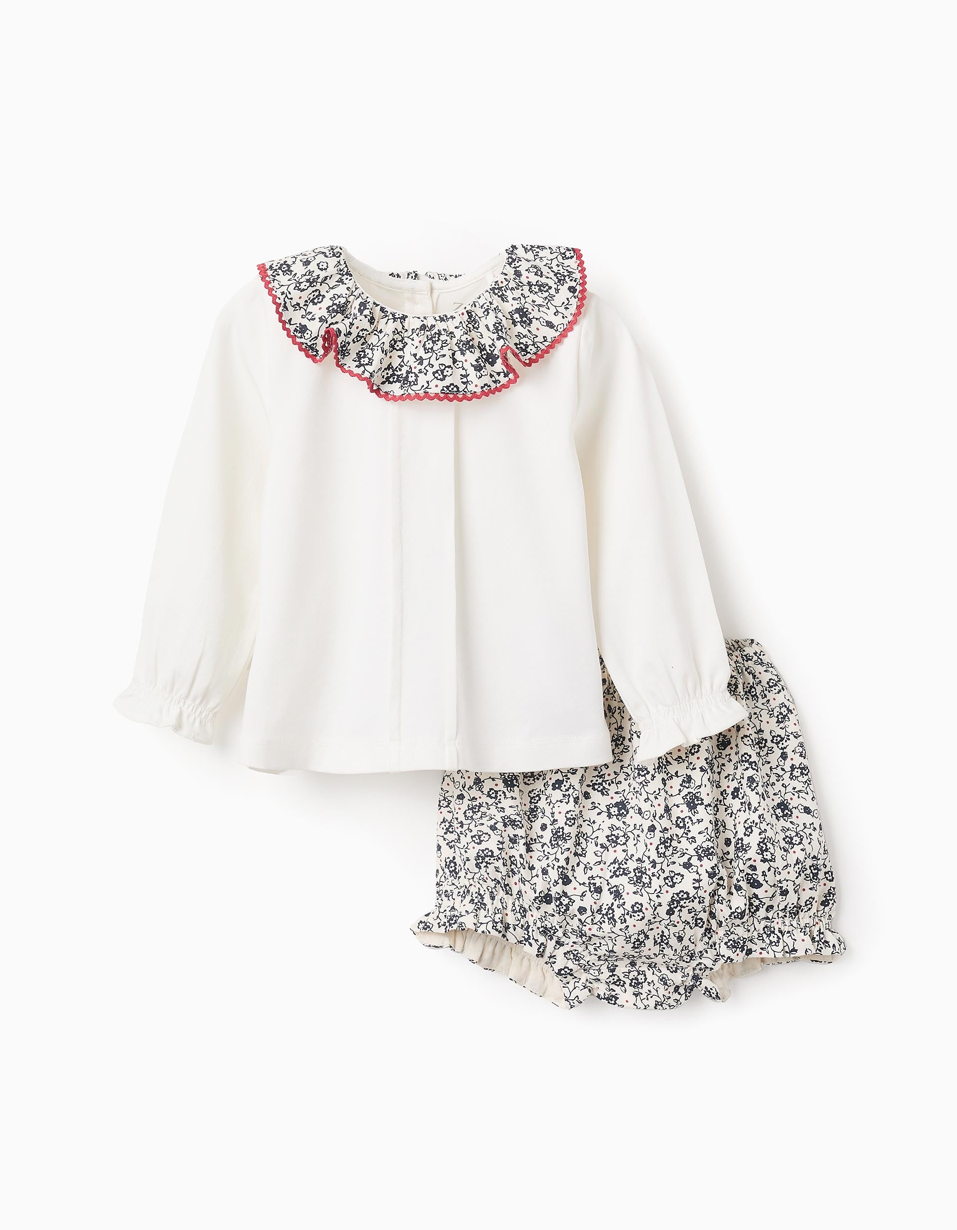 Blusa + Short Motivo Floral para Bebé Niña, Blanco/Azul Oscuro