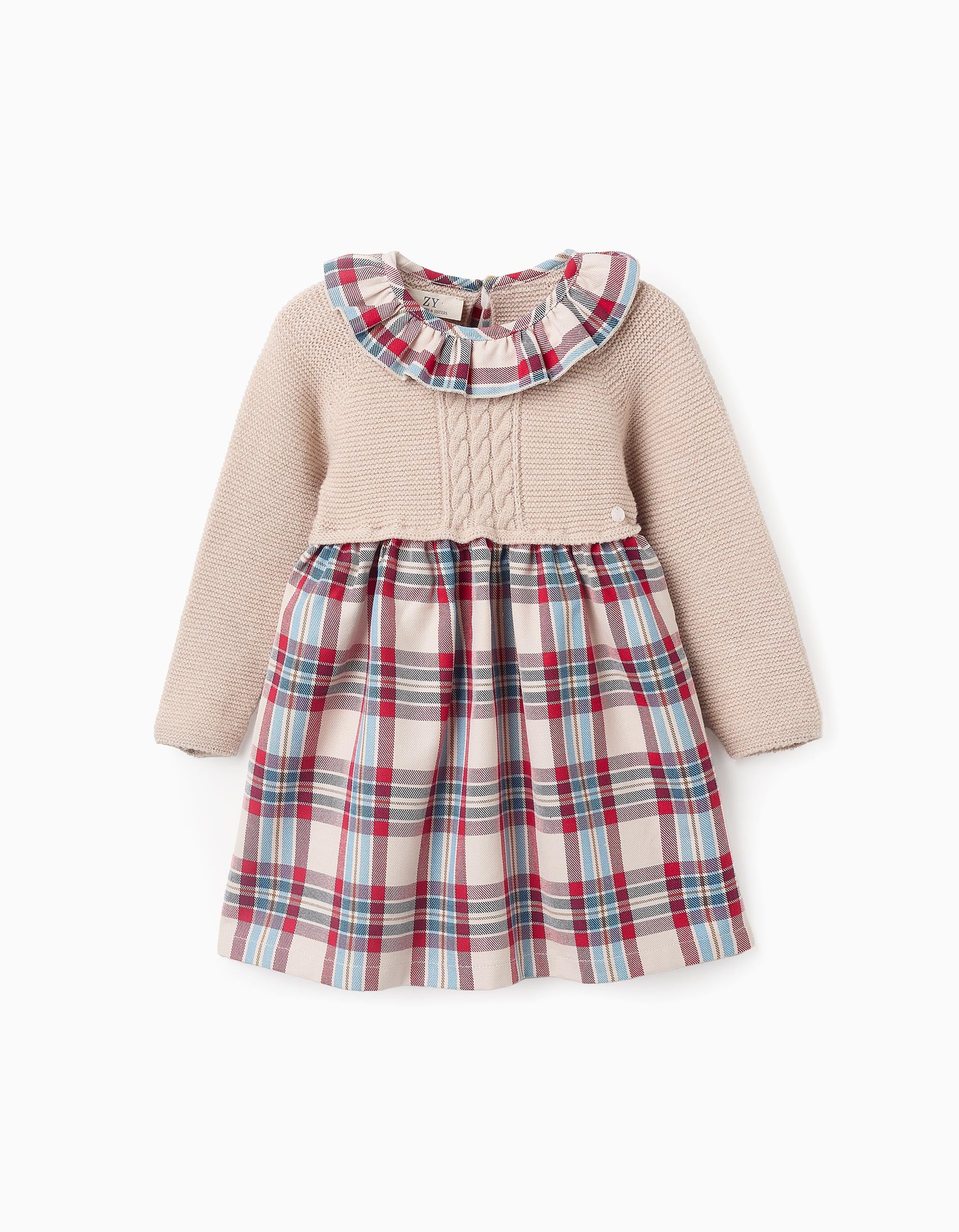 Dual-fabric Dress with Check for Baby Girls 'You&Me', Beige