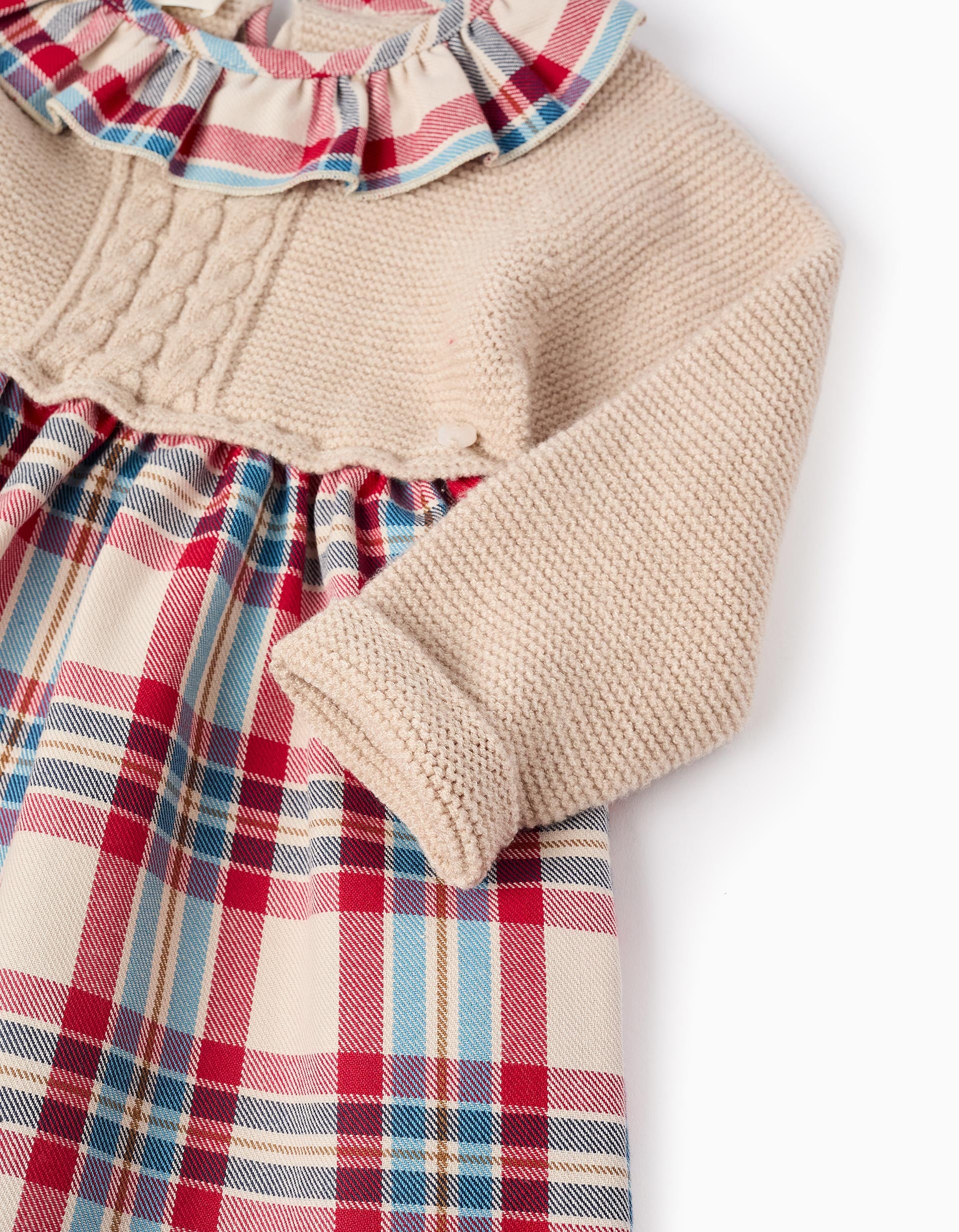 Dual-fabric Dress with Check for Baby Girls 'You&Me', Beige