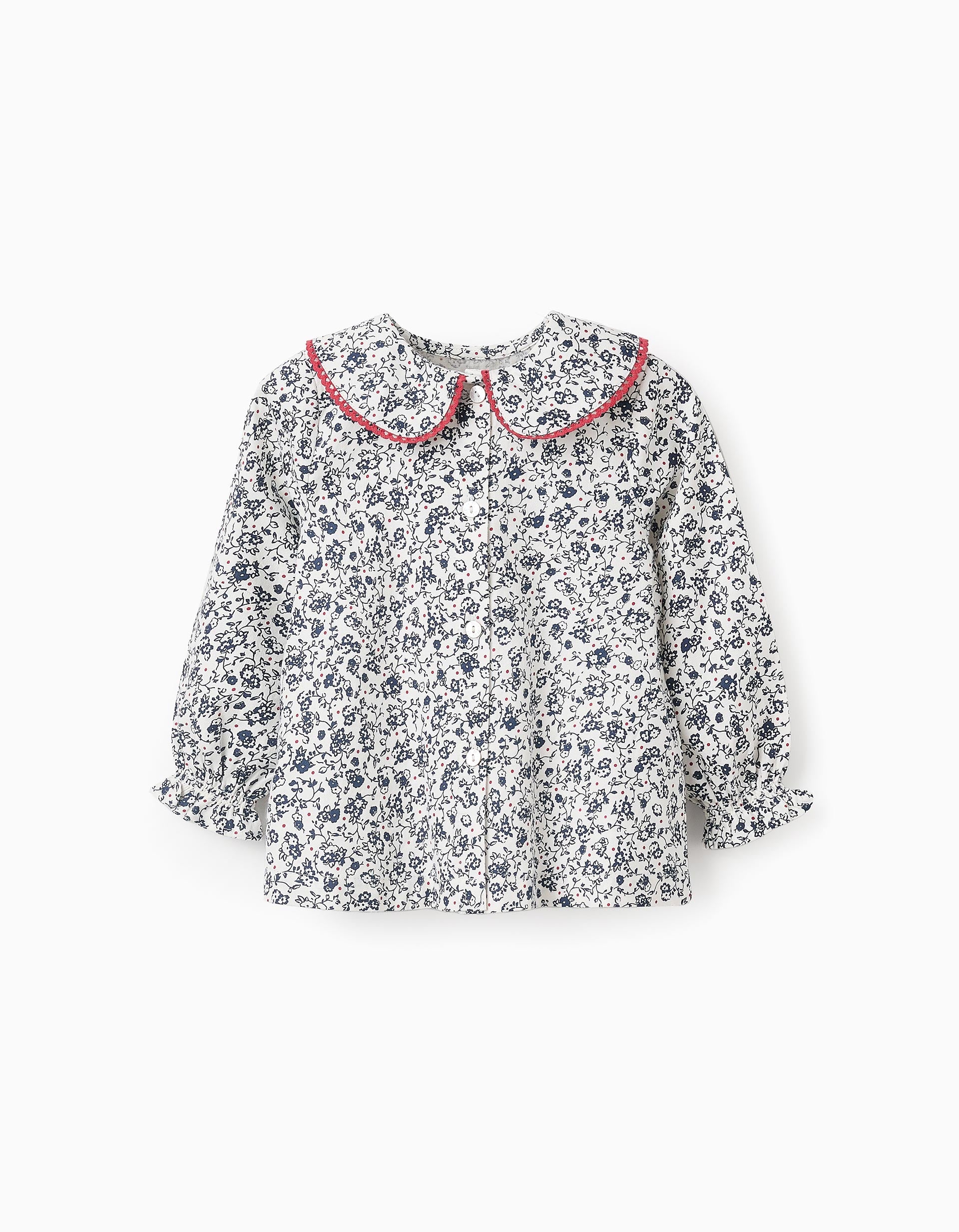 Camisa Floral em Algodão para Bebé Menina, Branco/Azul