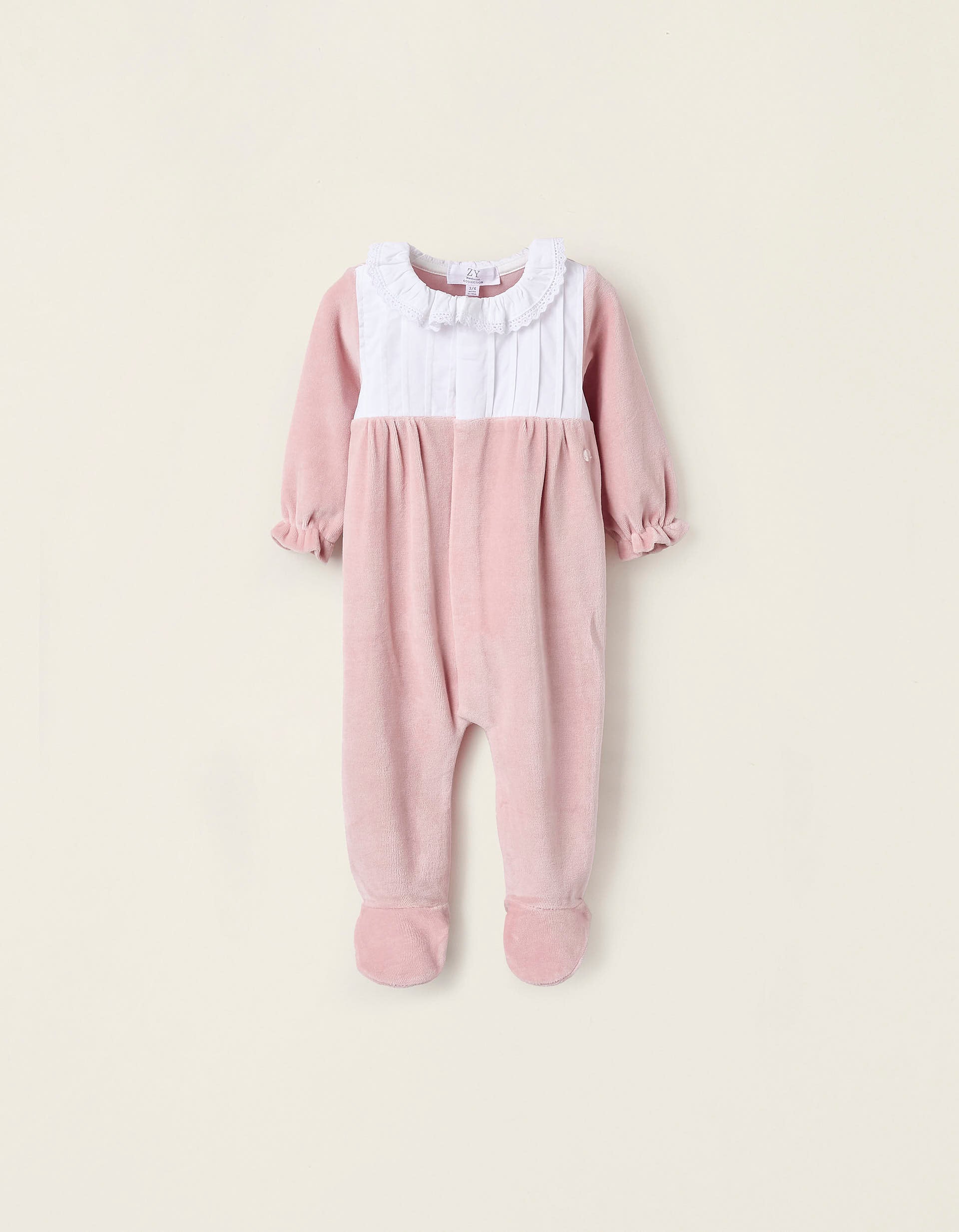 Babygrow de Veludo com Folhos e Bordado Inglês para Recém-Nascida, Rosa