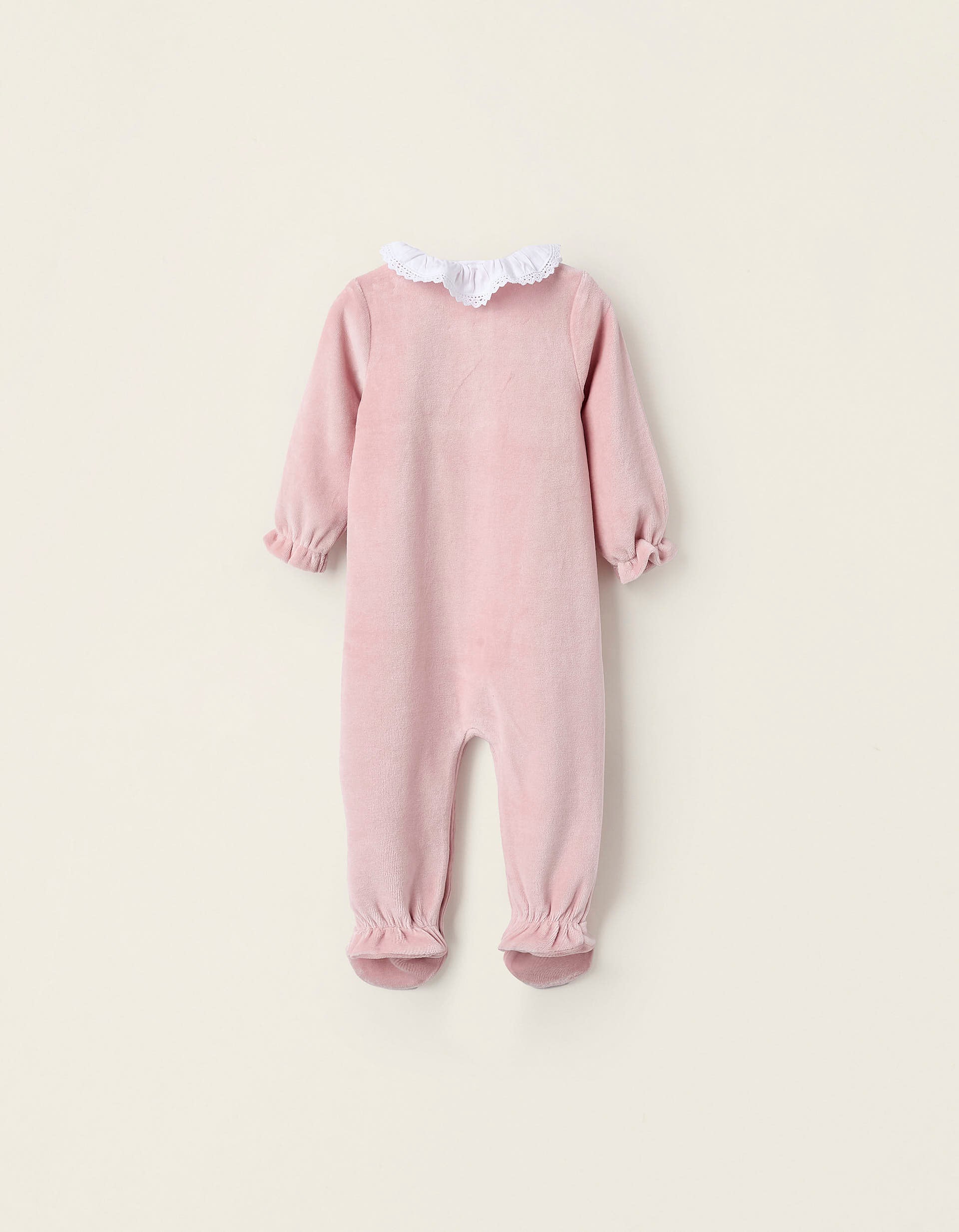 Babygrow de Veludo com Folhos e Bordado Inglês para Recém-Nascida, Rosa