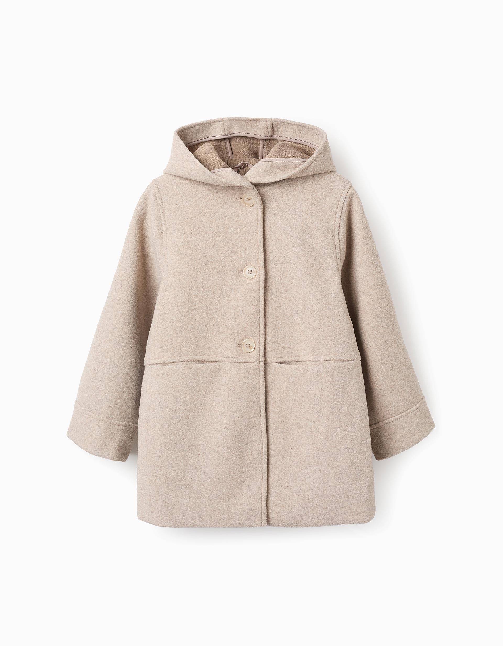 Hooded Woven Coat for Girls 'B&S', Beige