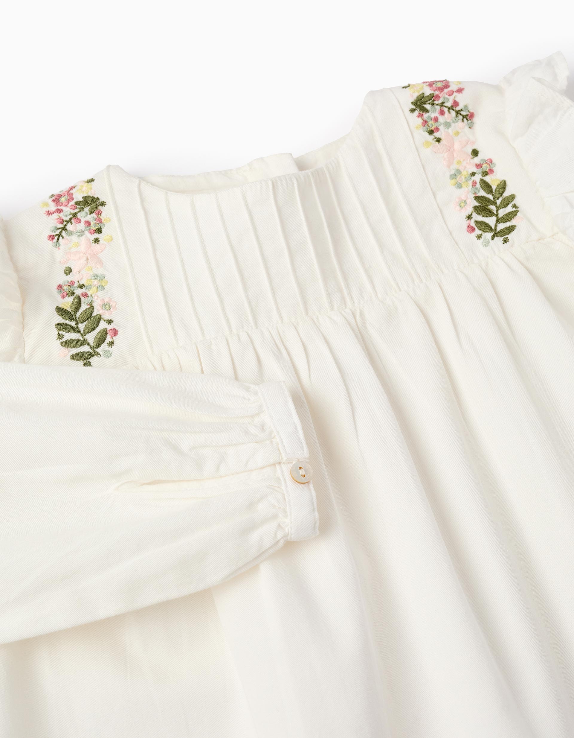 Túnica com Bordados de Flores para Bebé Menina, Branco