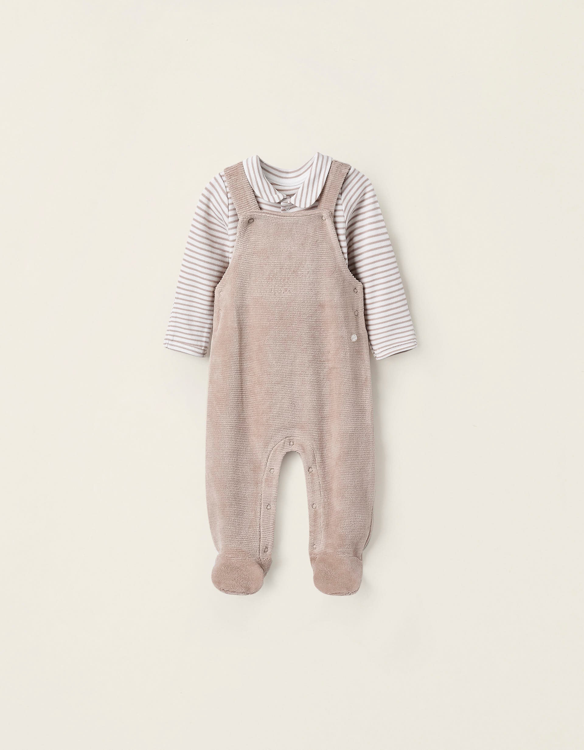 Body + Salopette en Velours pour Nouveau-né, Beige/Blanc