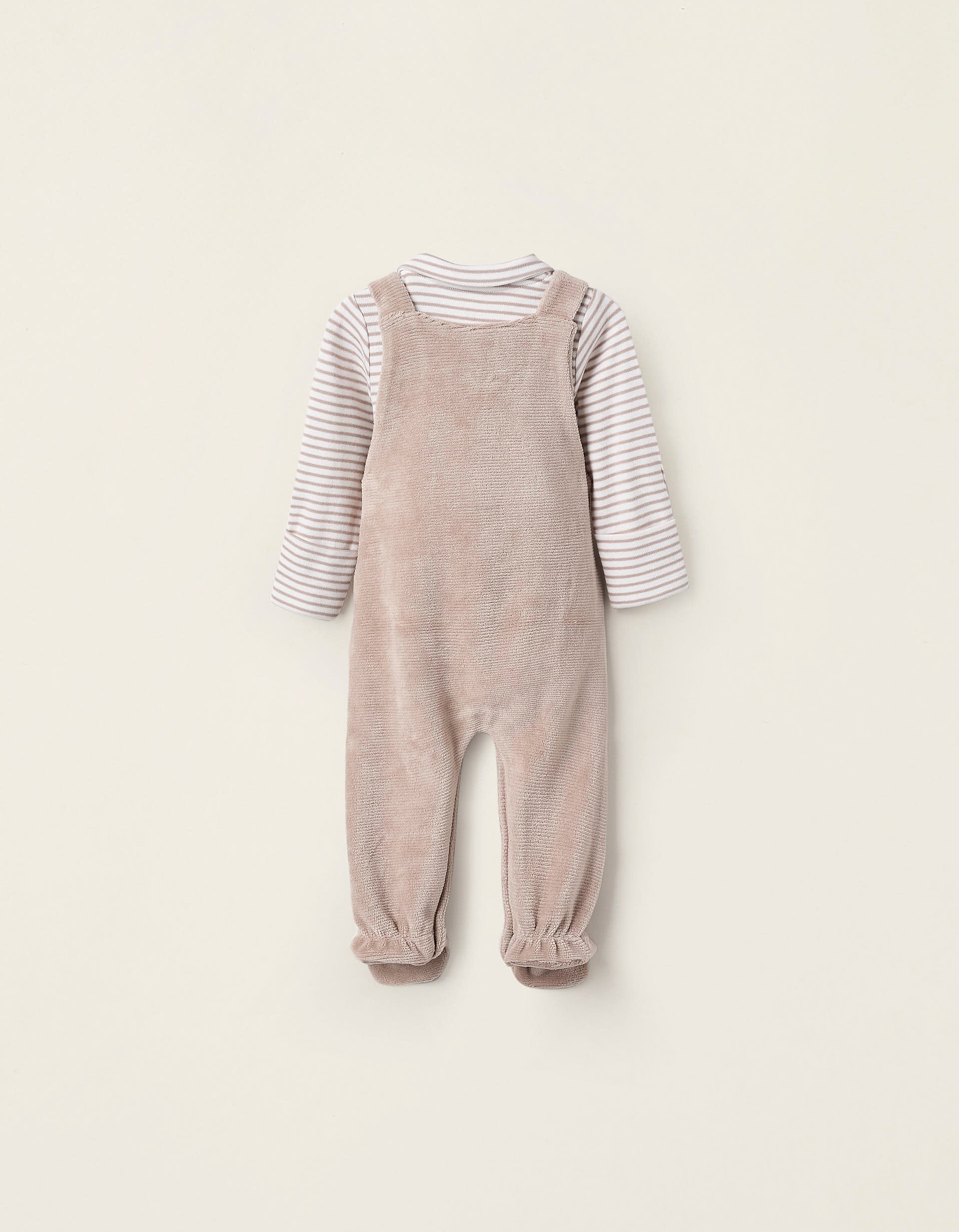 Body + Salopette en Velours pour Nouveau-né, Beige/Blanc