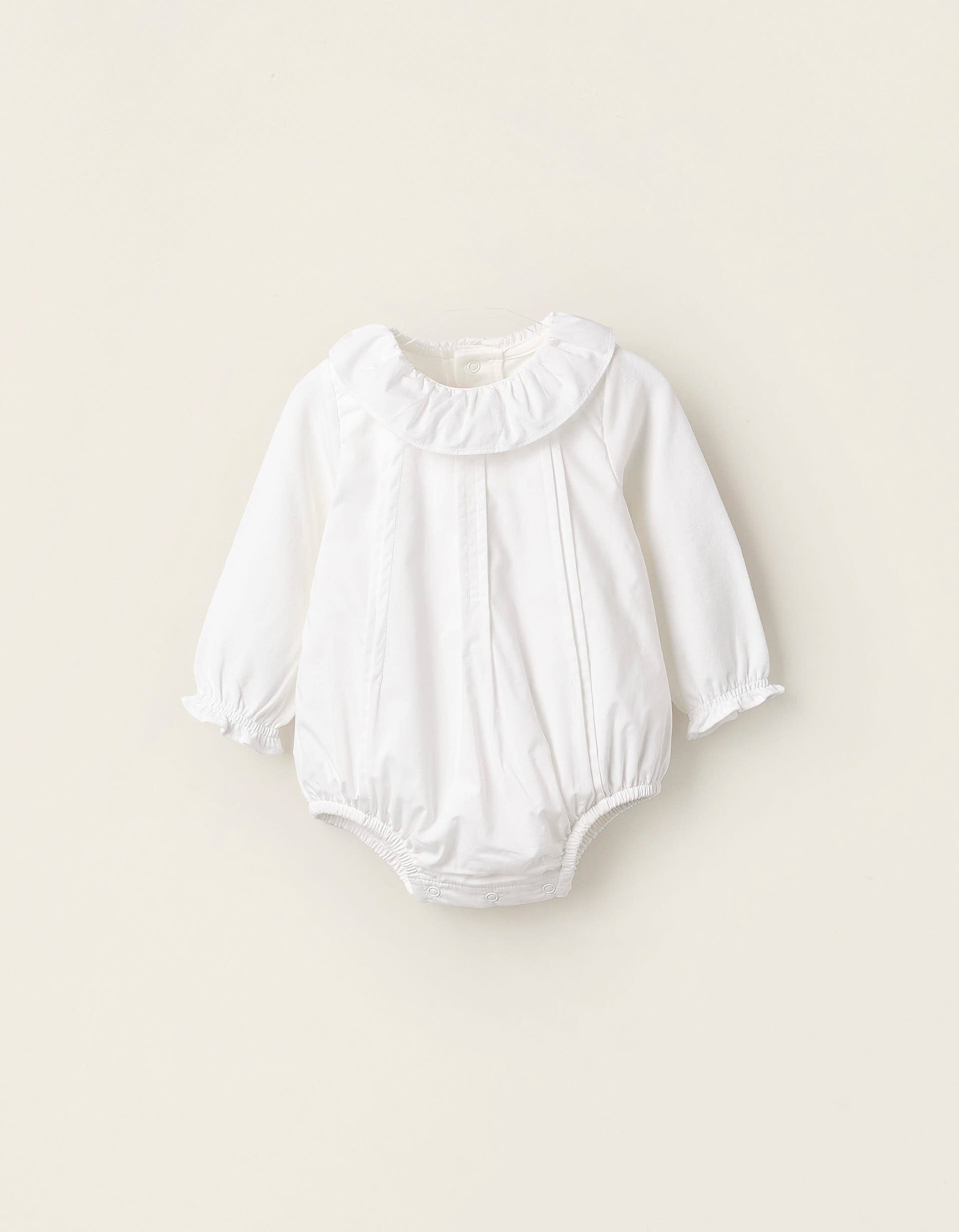 Bodysuit-Blouse with Pleats and Ruffles for Newborn Girls, White