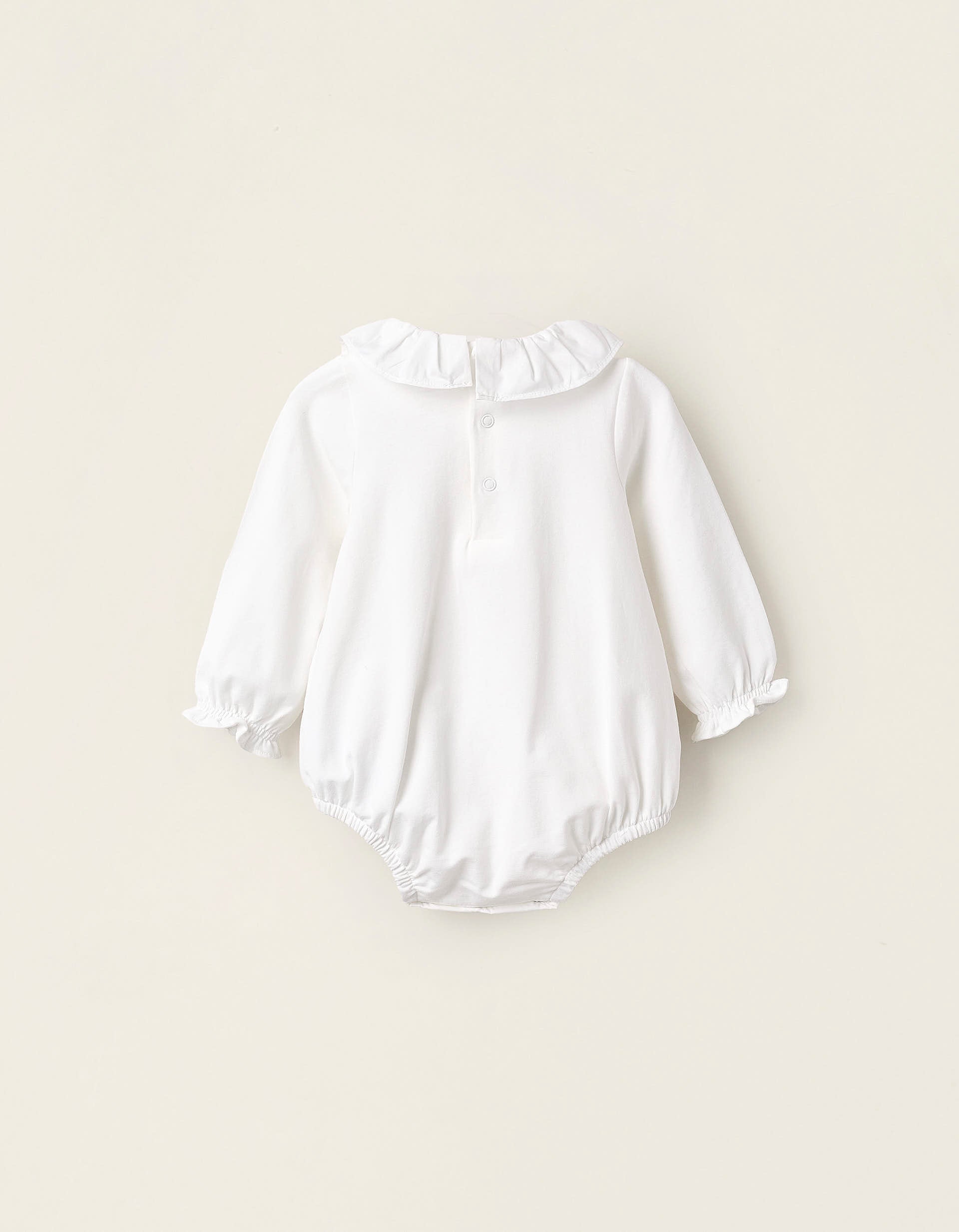 Bodysuit-Blouse with Pleats and Ruffles for Newborn Girls, White