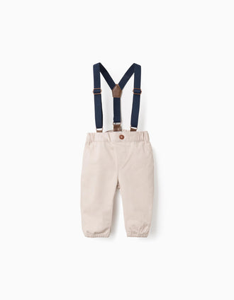 Pantalón de Sarga con Tirantes Desmontables para Recién Nacido, Beige