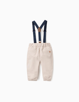 Pantalón de Sarga con Tirantes Desmontables para Recién Nacido, Beige