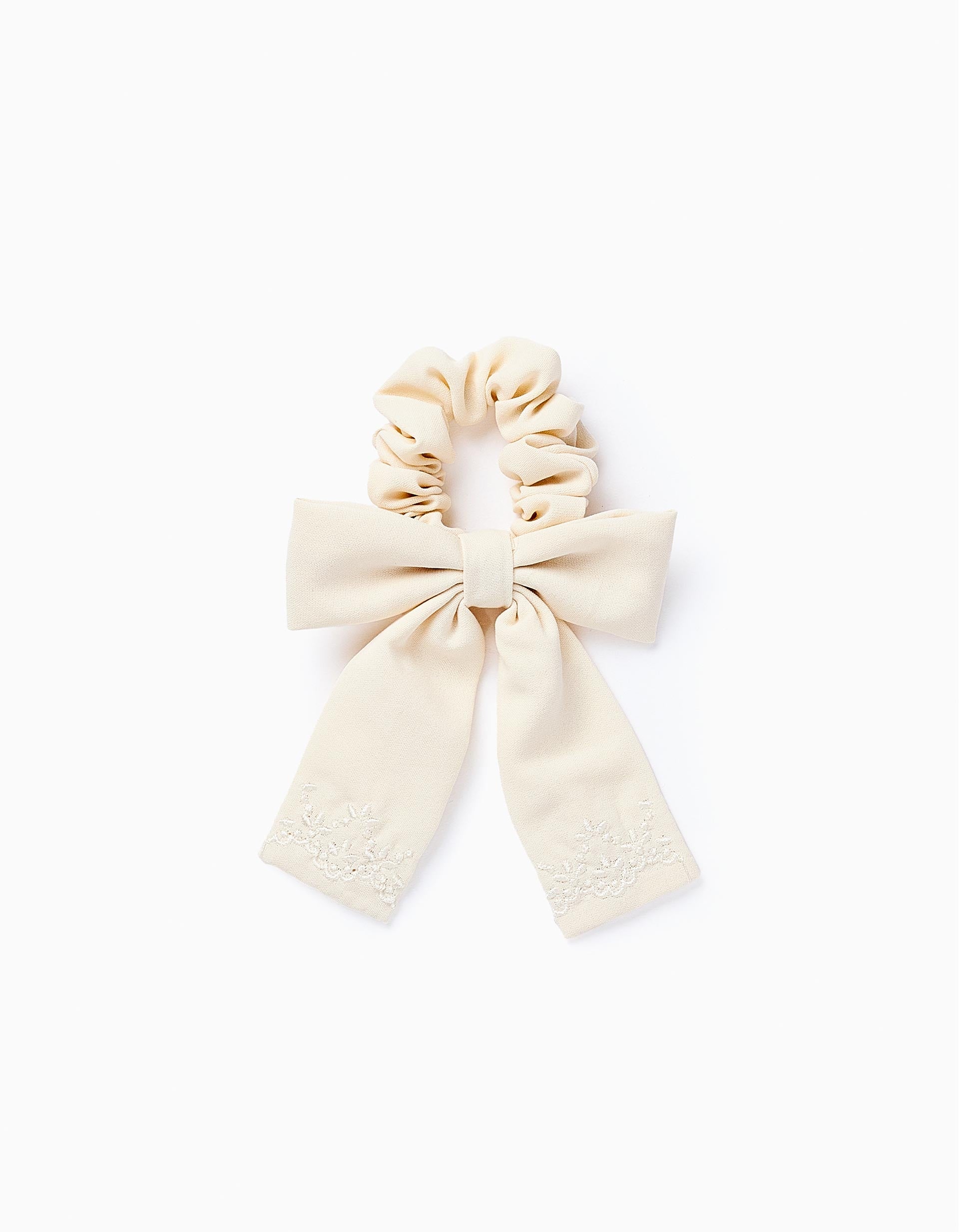 Coletero Scrunchie con Lazo y Bordados para Bebé y Niña, Beige