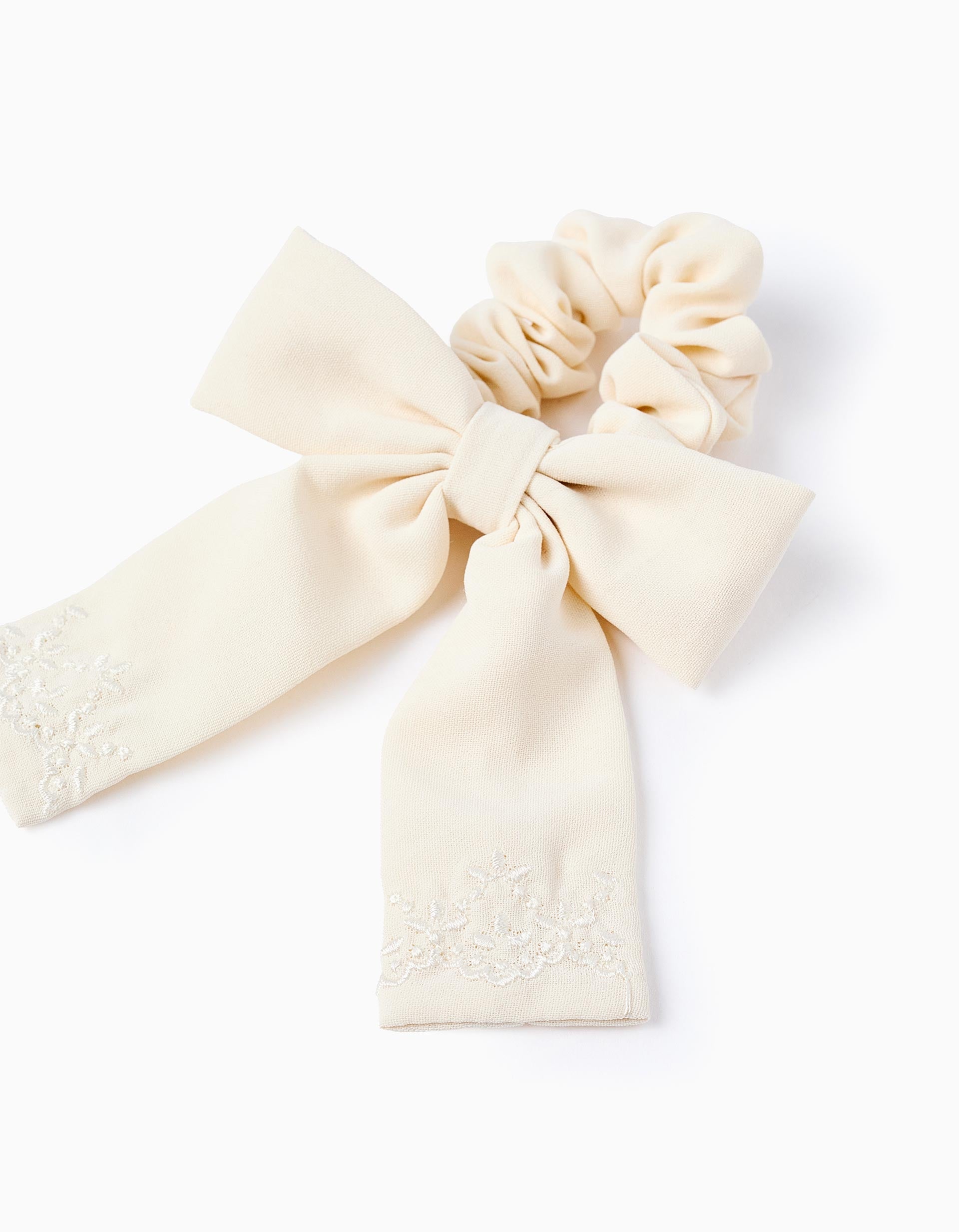 Scrunchie with Bow and Embroidery for Baby and Girls, Beige