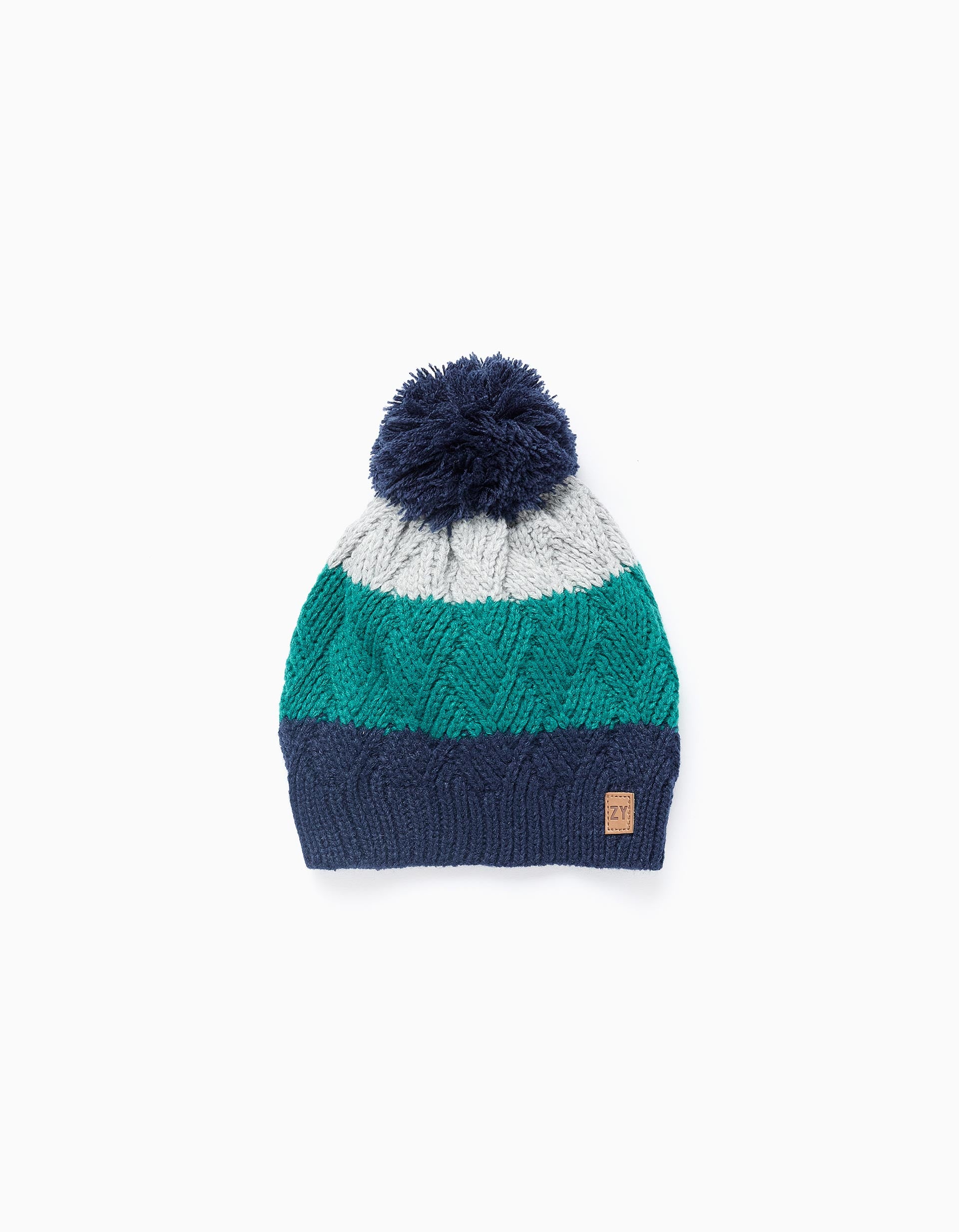 Gorro de Punto con Pompón para Niño, Azul/Verde/Gris