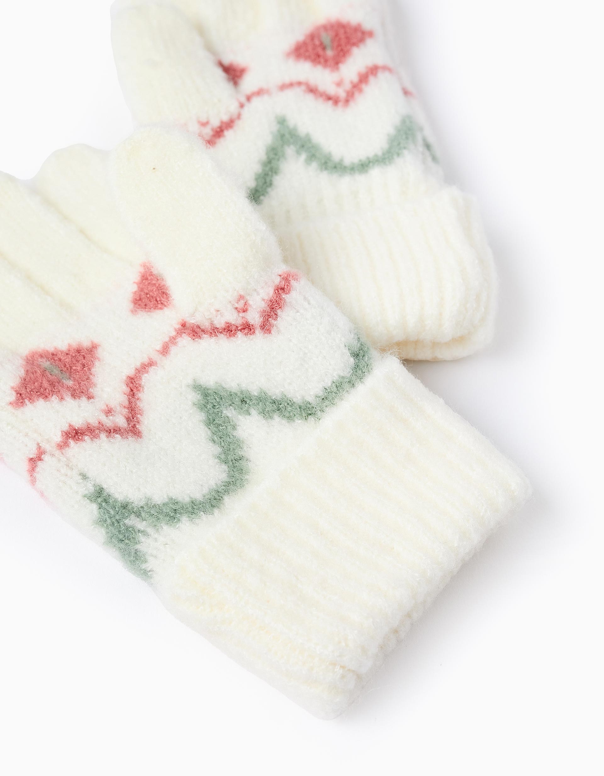 Gorro + Guantes de Punto con Jacquard para Niña, Blanco