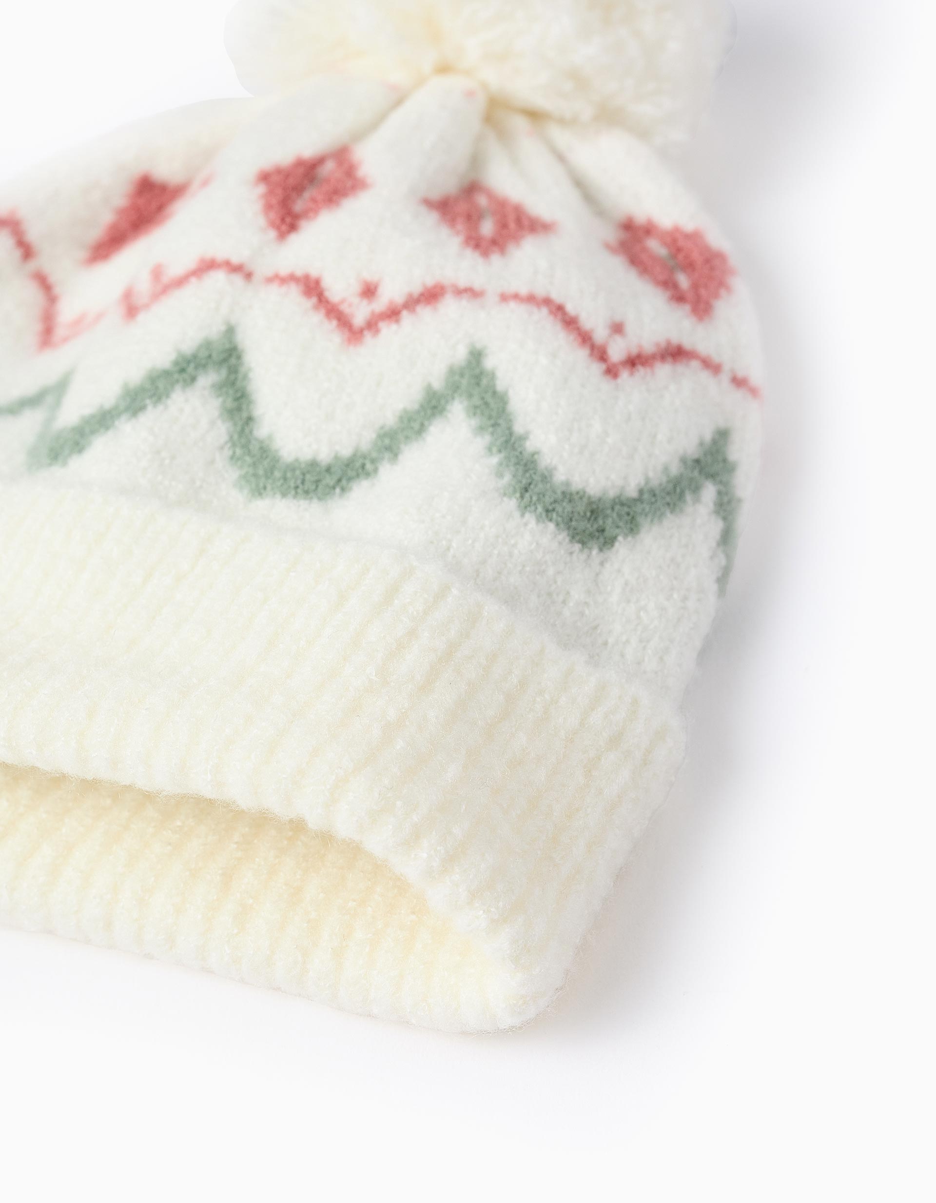 Gorro + Guantes de Punto con Jacquard para Niña, Blanco