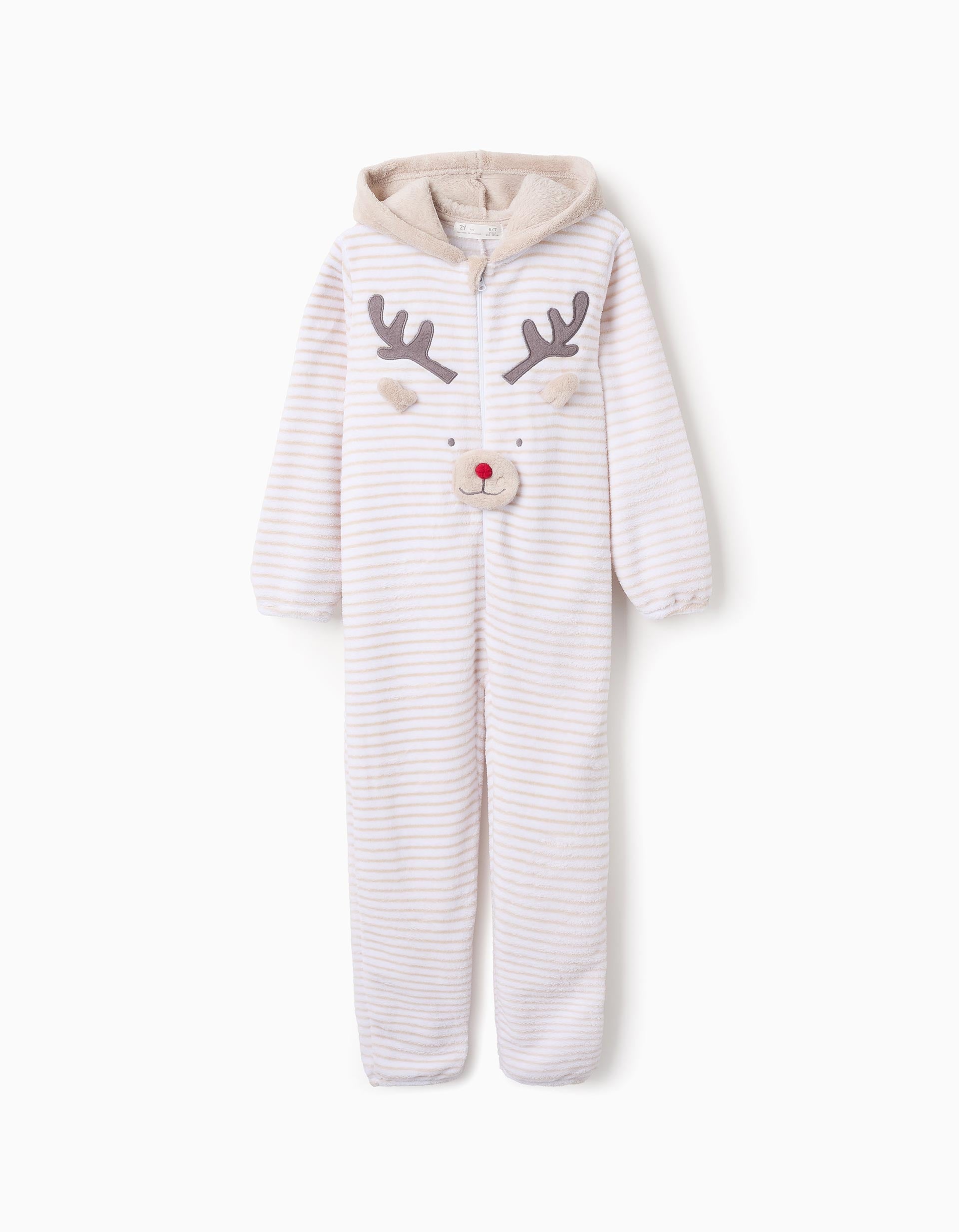 Plush Hooded Jumpsuit for Children, White/Beige