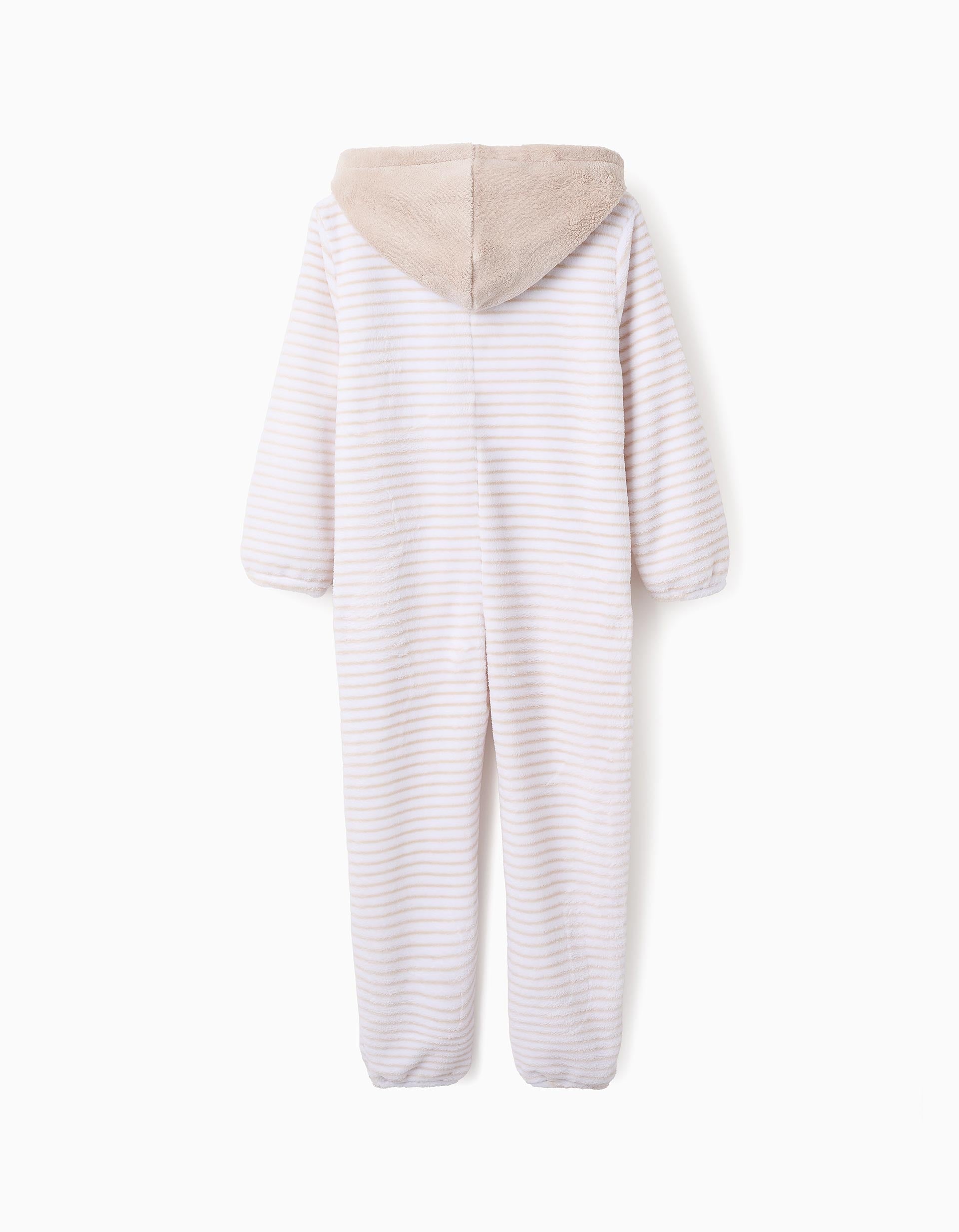 Plush Hooded Jumpsuit for Children, White/Beige