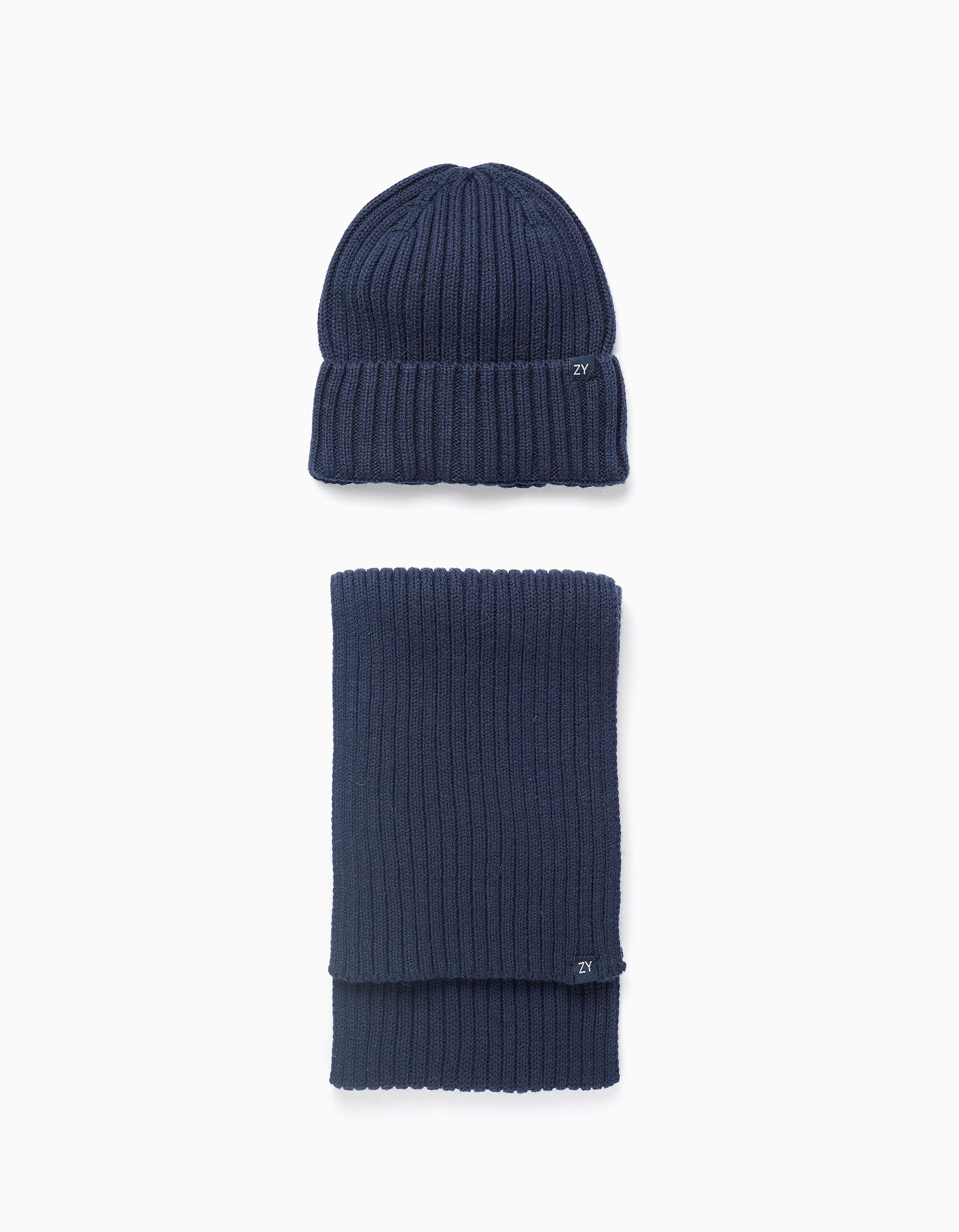 Gorro + Bufanda de Punto Canalé para Niño, Azul Oscuro