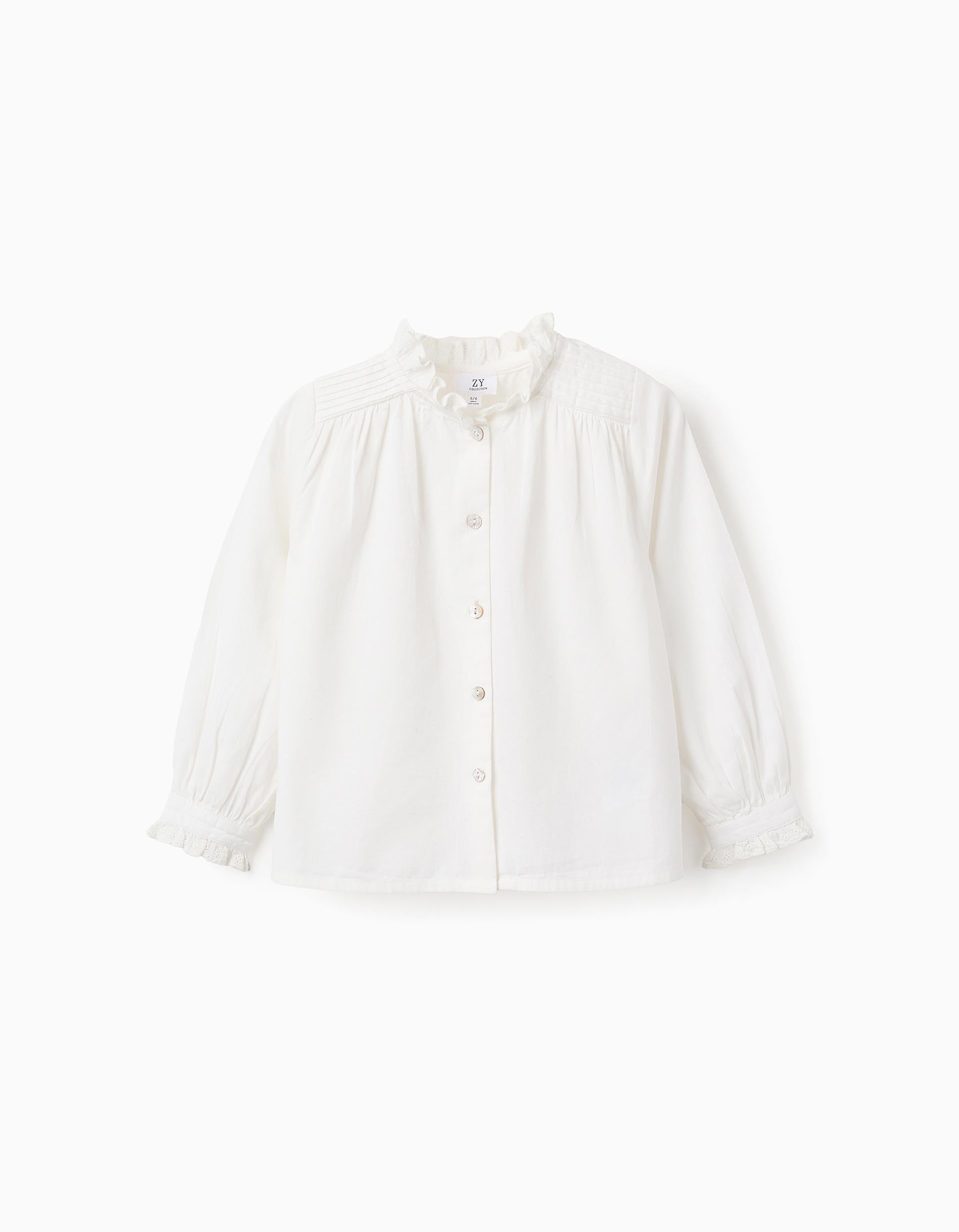 Cotton Shirt with Broderie Anglaise for Girls, White