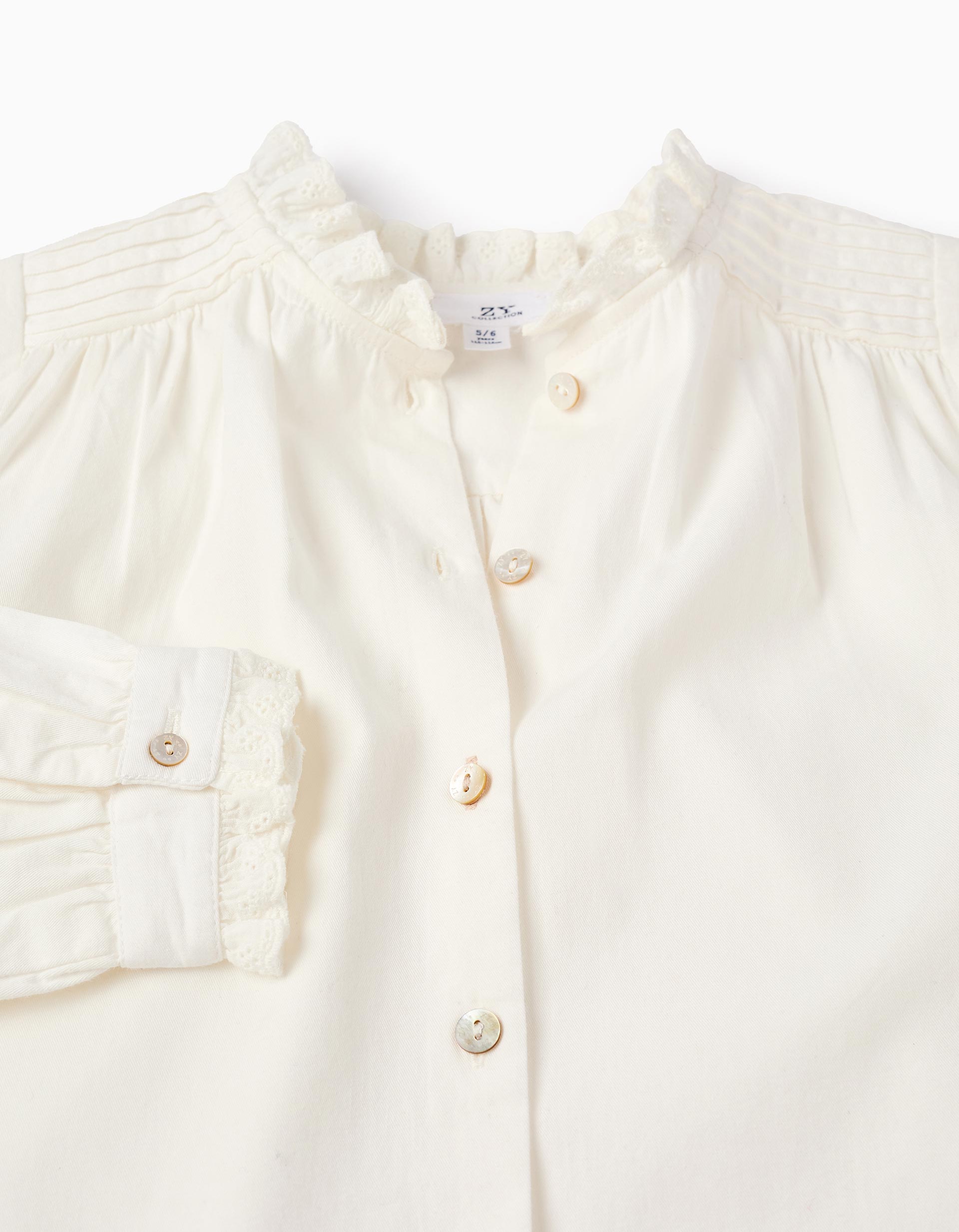 Cotton Shirt with Broderie Anglaise for Girls, White