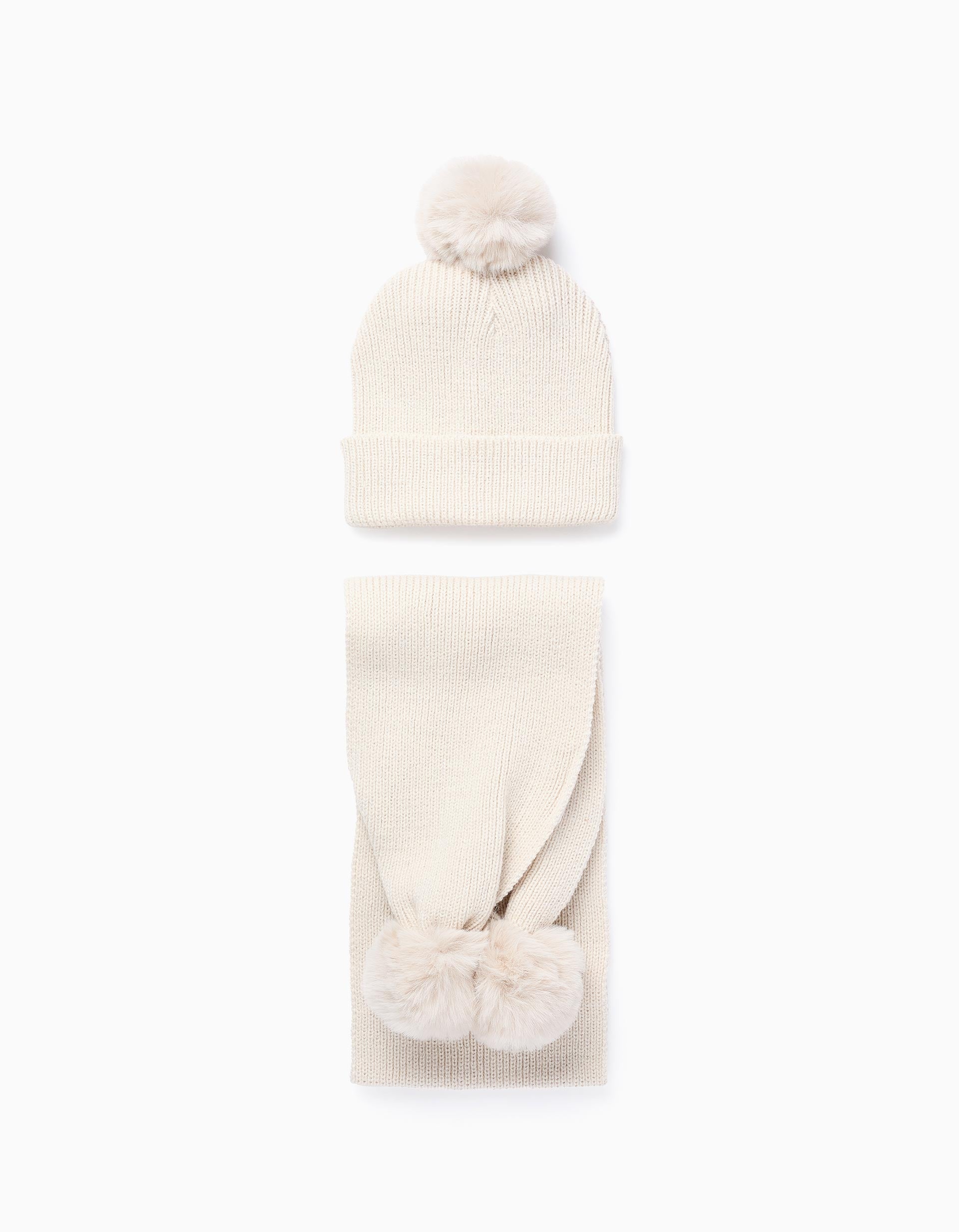 Gorro + Bufanda de Punto con Lurex y Pompones para Niña, Beige