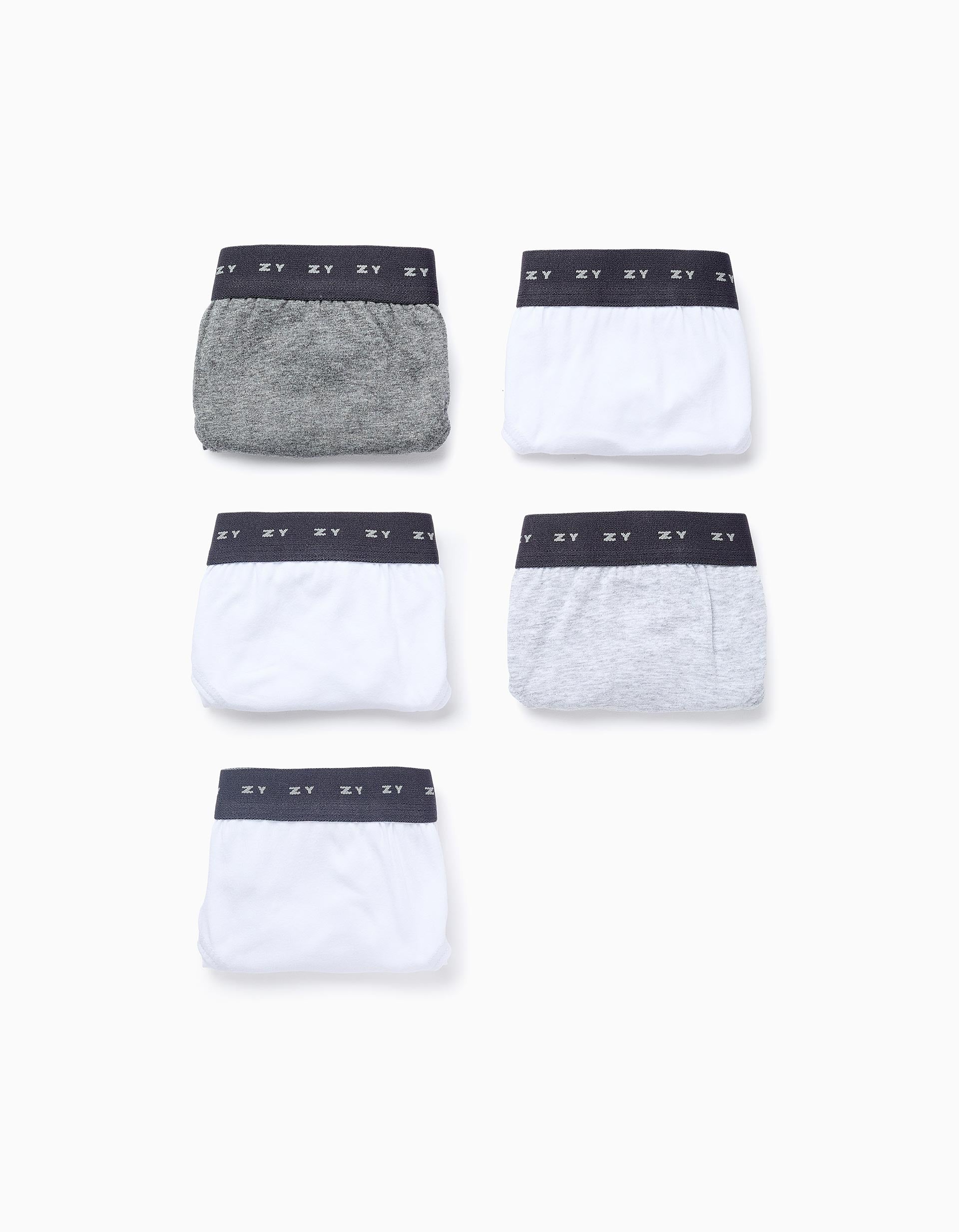 Pack 5 Cuecas Lisas para Menino, Branco/Cinza