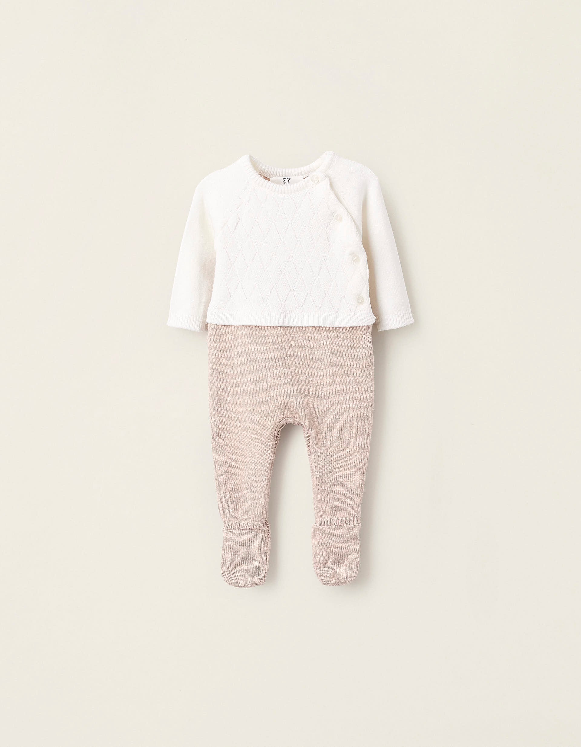 Babygrow de Malha para Recém-Nascido, Branco/Bege