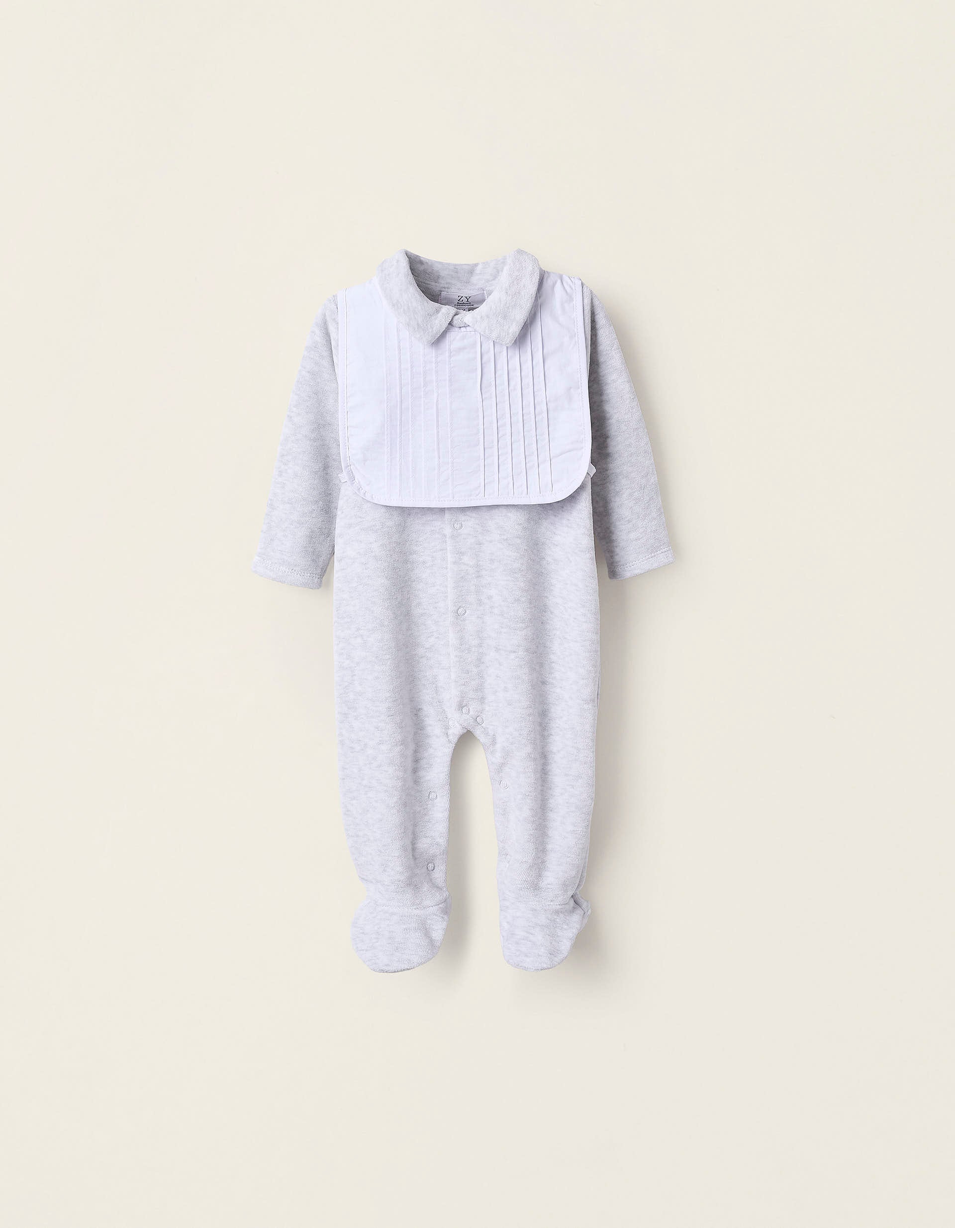 Babygrow de Veludo com Babete Amovível para Recém-Nascido, Cinza