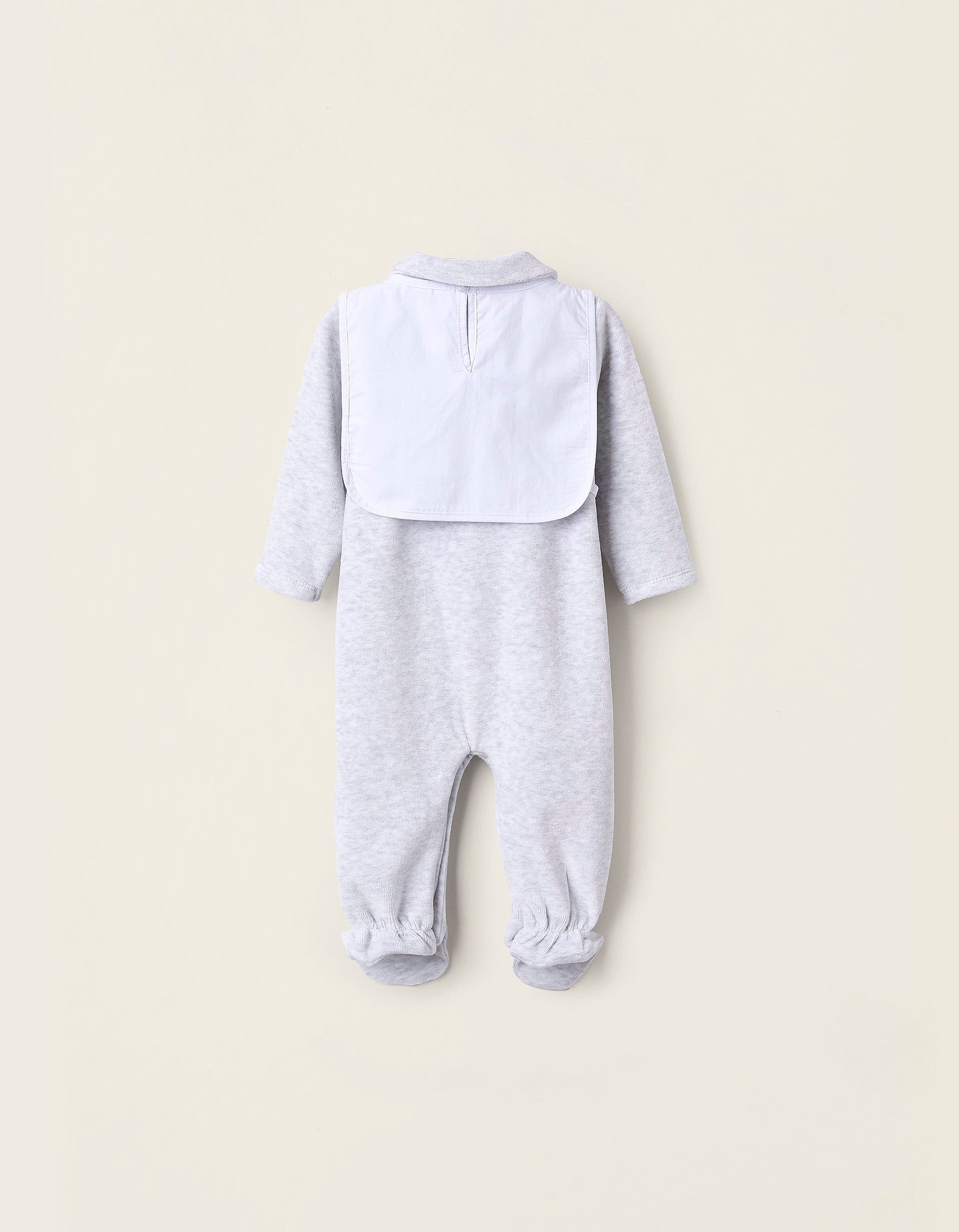 Babygrow de Veludo com Babete Amovível para Recém-Nascido, Cinza