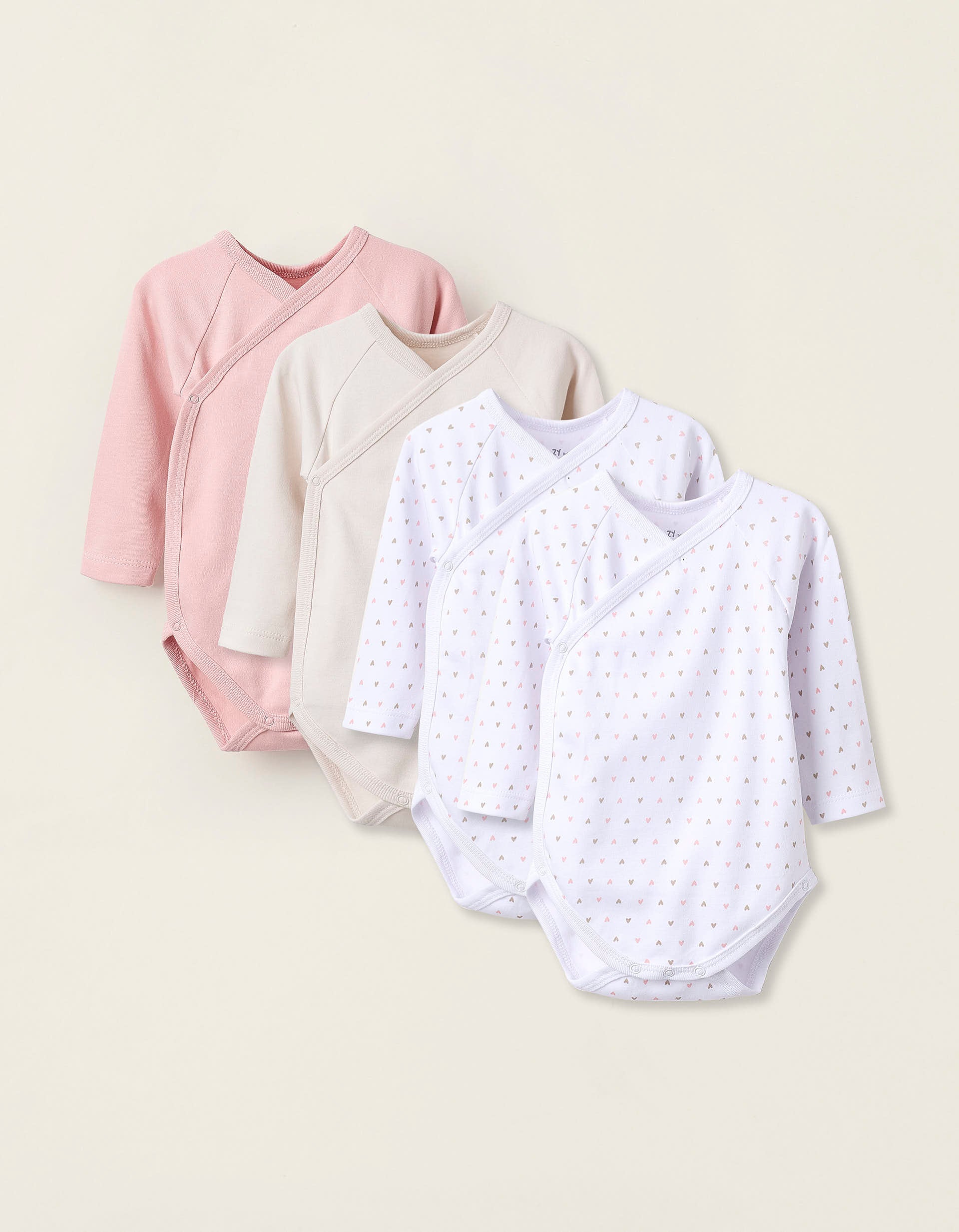 Pack 4 Bodies Croisés pour Nouveau-née 'Cœurs', Blanc/Rose