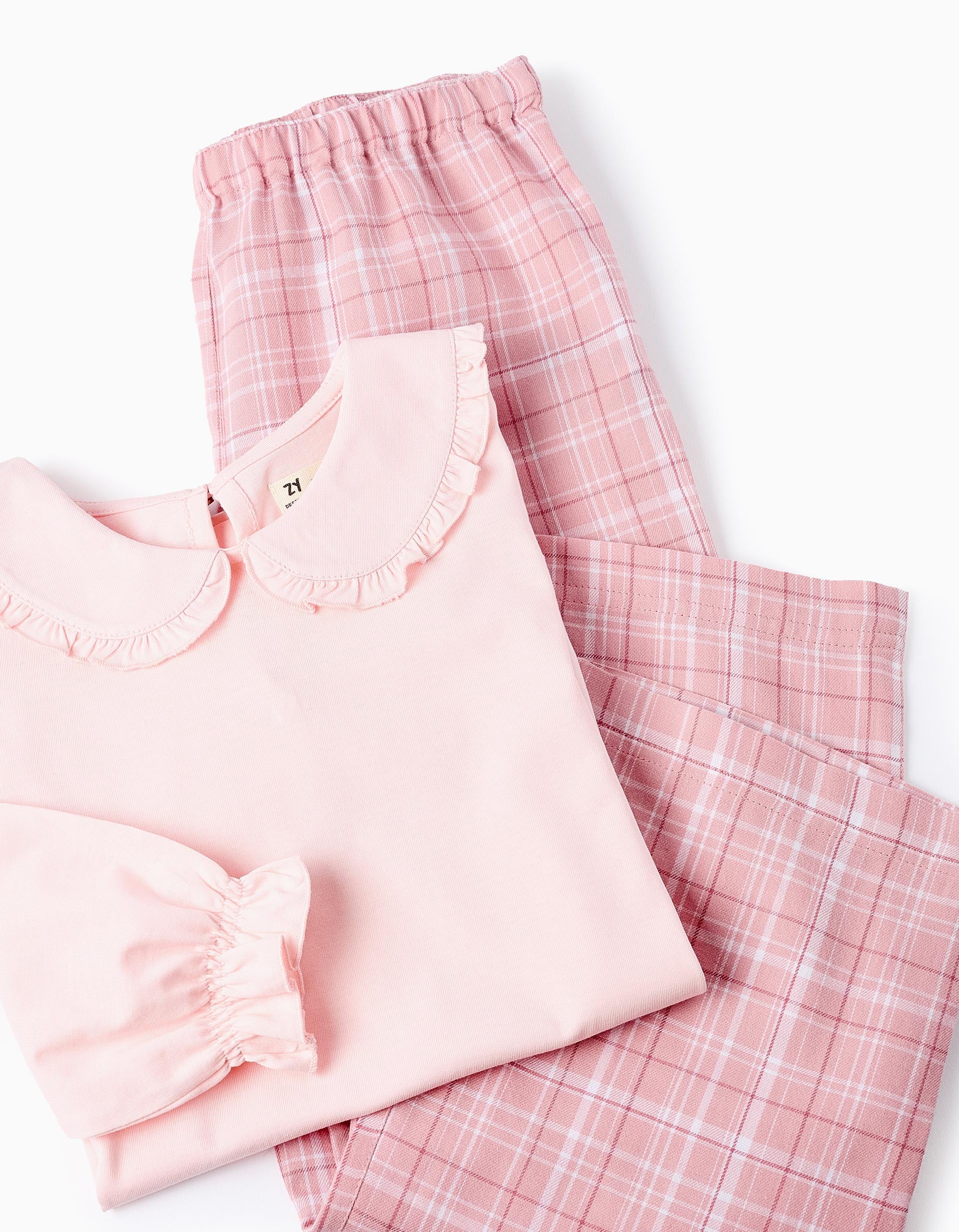 Pijama de Algodão com Xadrez para Menina, Rosa