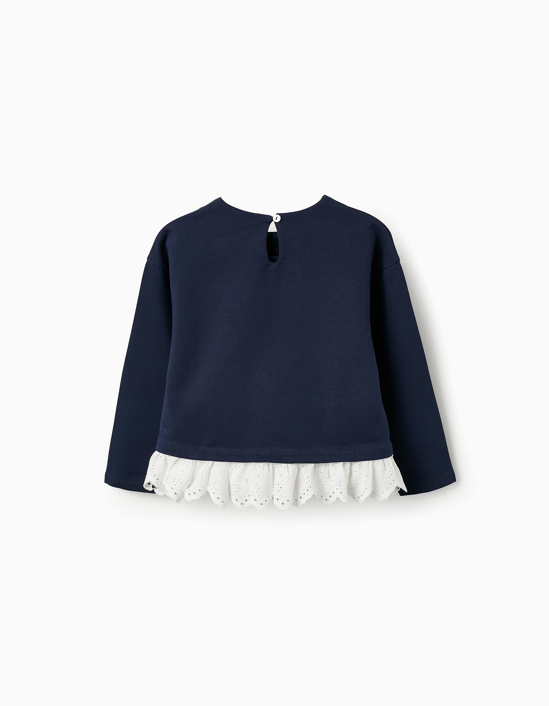 Sweatshirt with Ruffles and Broderie Anglaise for Girls, Dark Blue