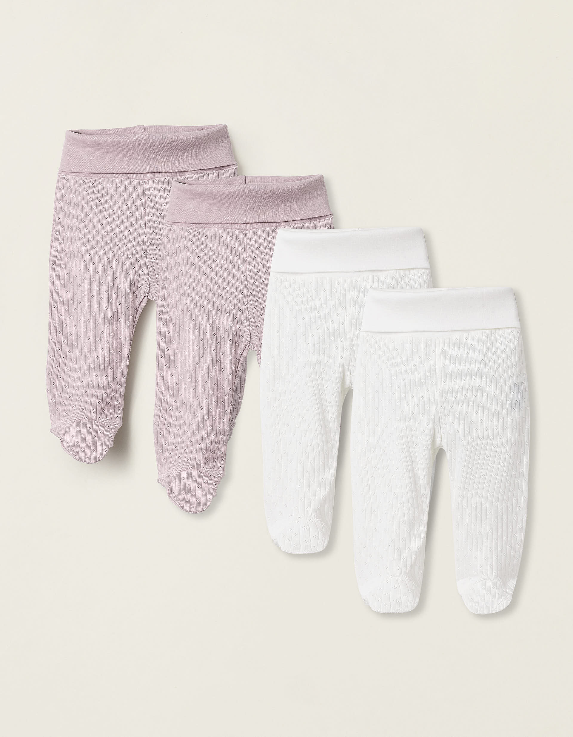 Pack 4 Pantalons à Pieds en Pointelle pour Nouveau-née, Blanc/Rose