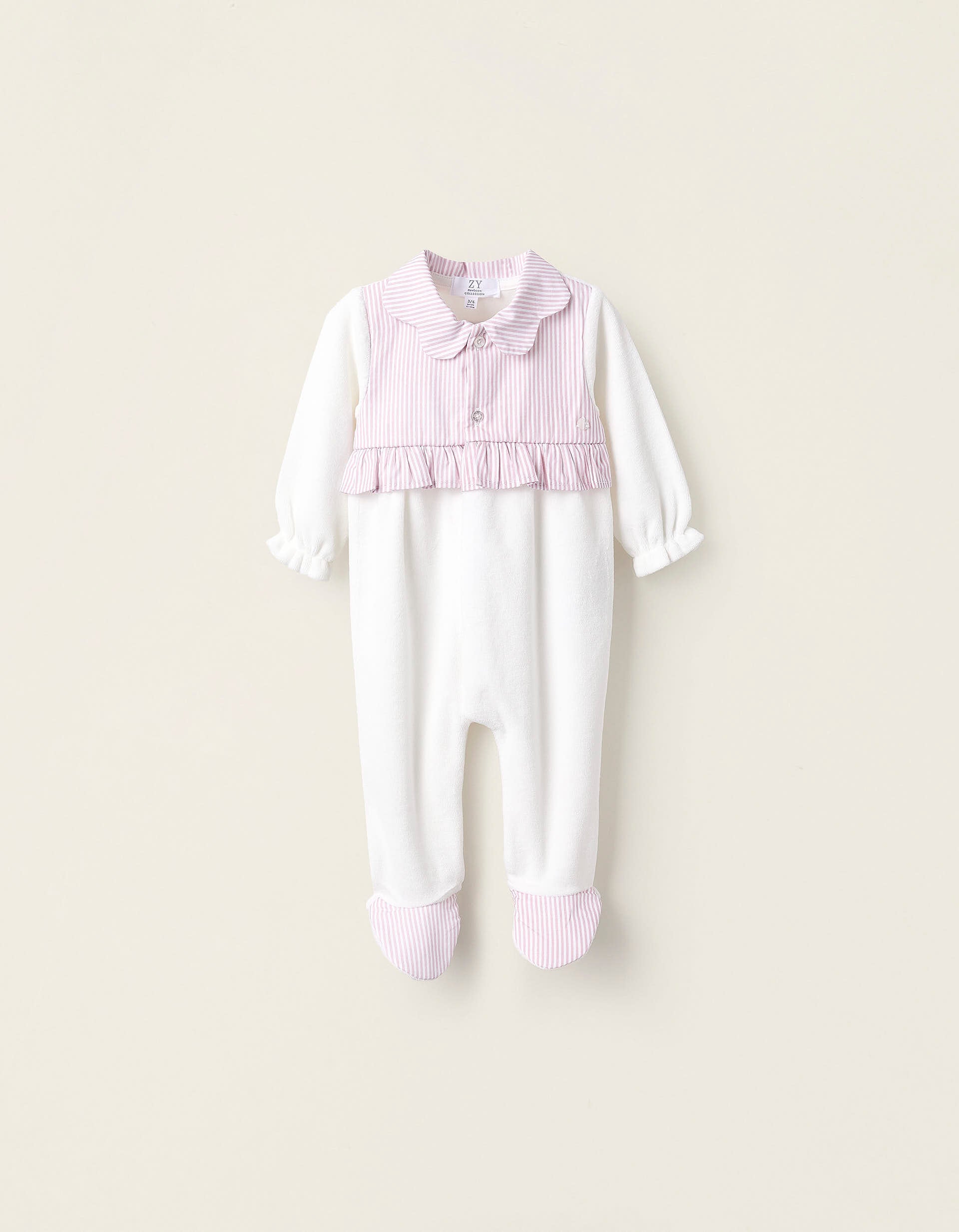 Babygrow de Veludo com Riscas para Recém-Nascida, Branco/Rosa