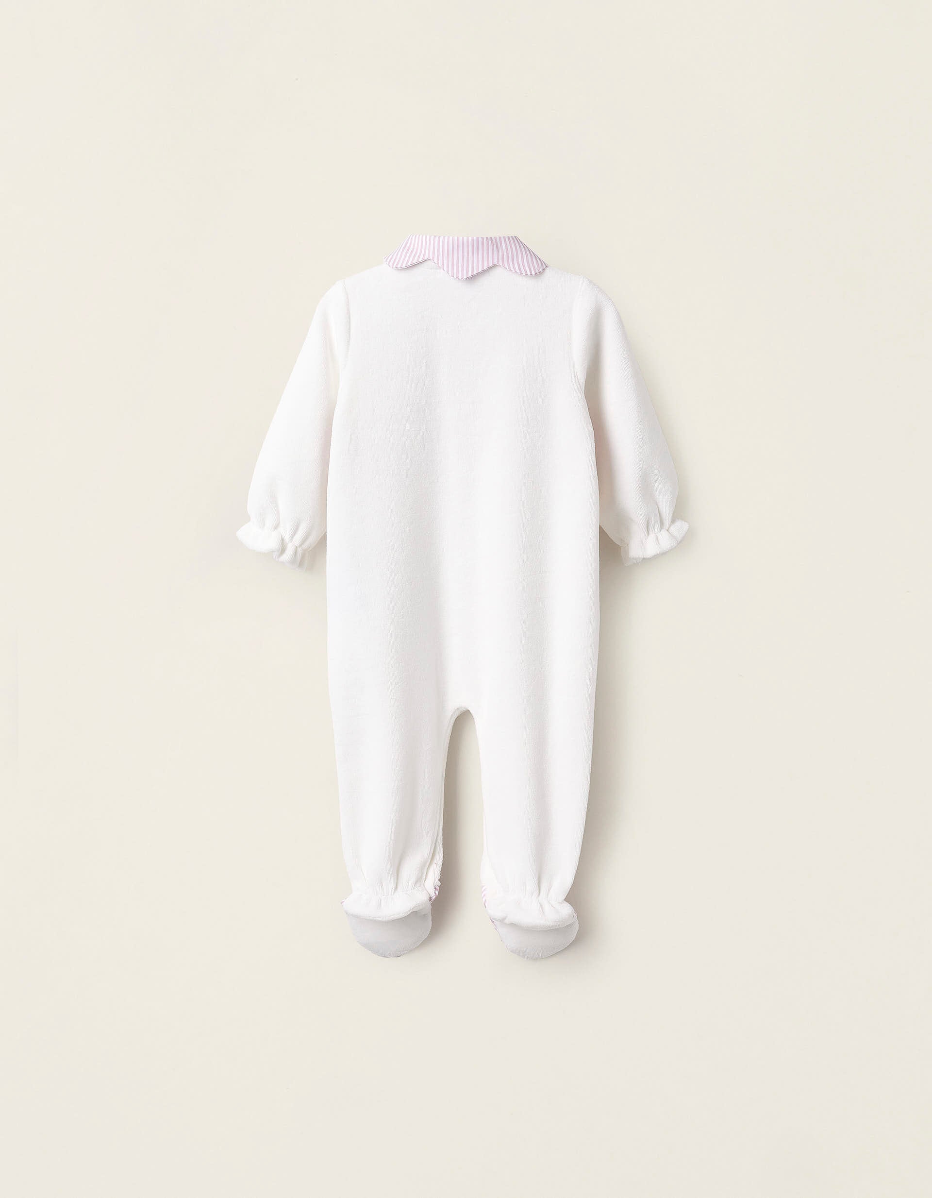 Babygrow de Veludo com Riscas para Recém-Nascida, Branco/Rosa