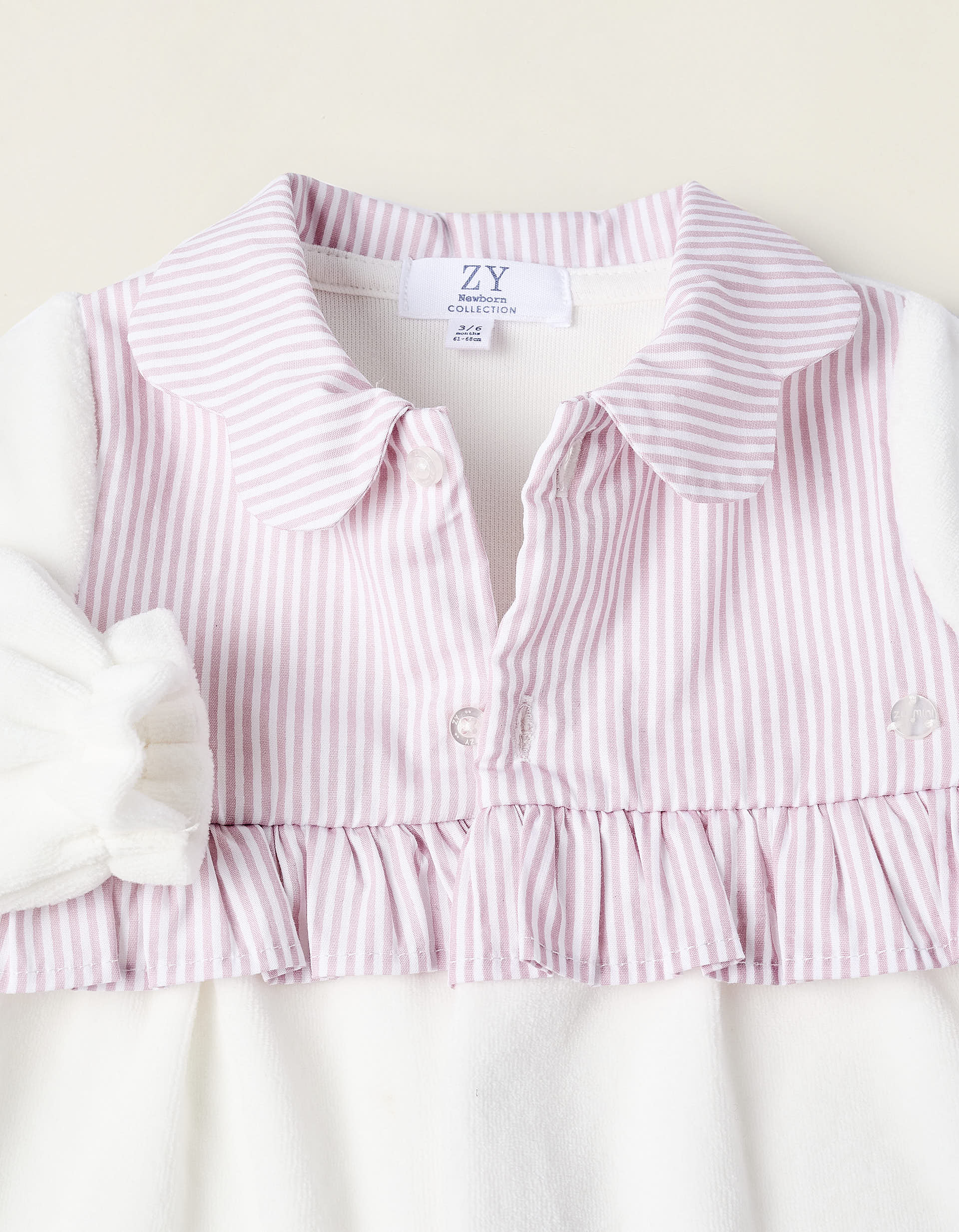 Babygrow de Veludo com Riscas para Recém-Nascida, Branco/Rosa