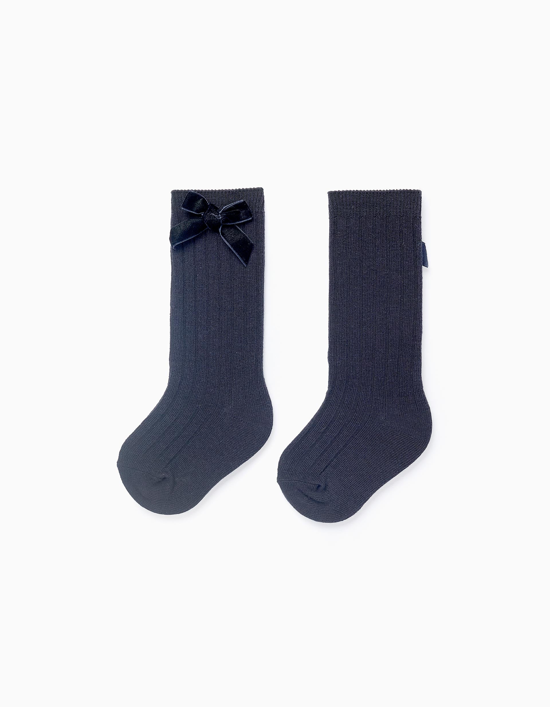 Chaussettes Hautes Côtelées avec Nœud pour Bébé Fille, Bleu Foncé