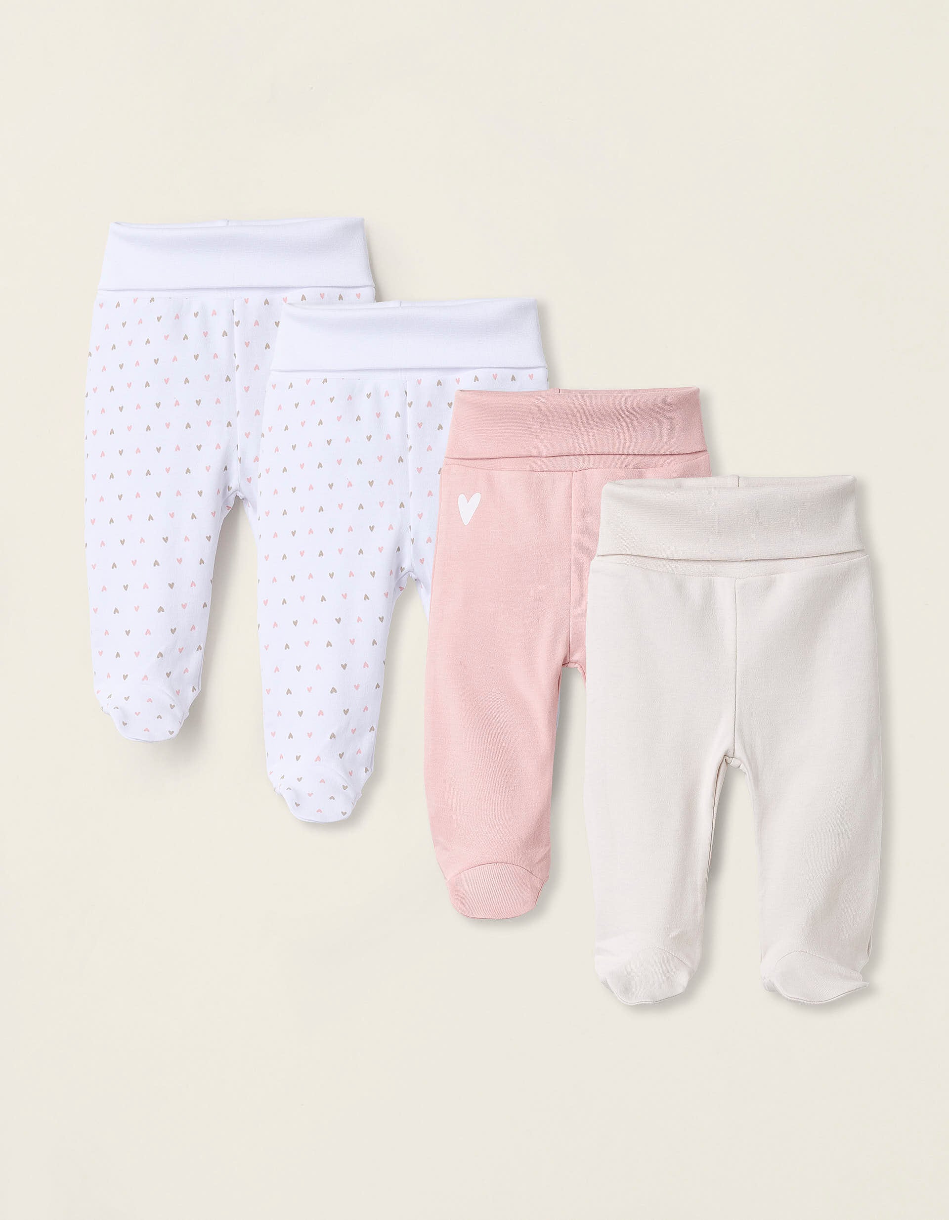 Pack 4 Pantalons à Pieds en Coton pour Nouveau-née 'Cœurs', Multicolore