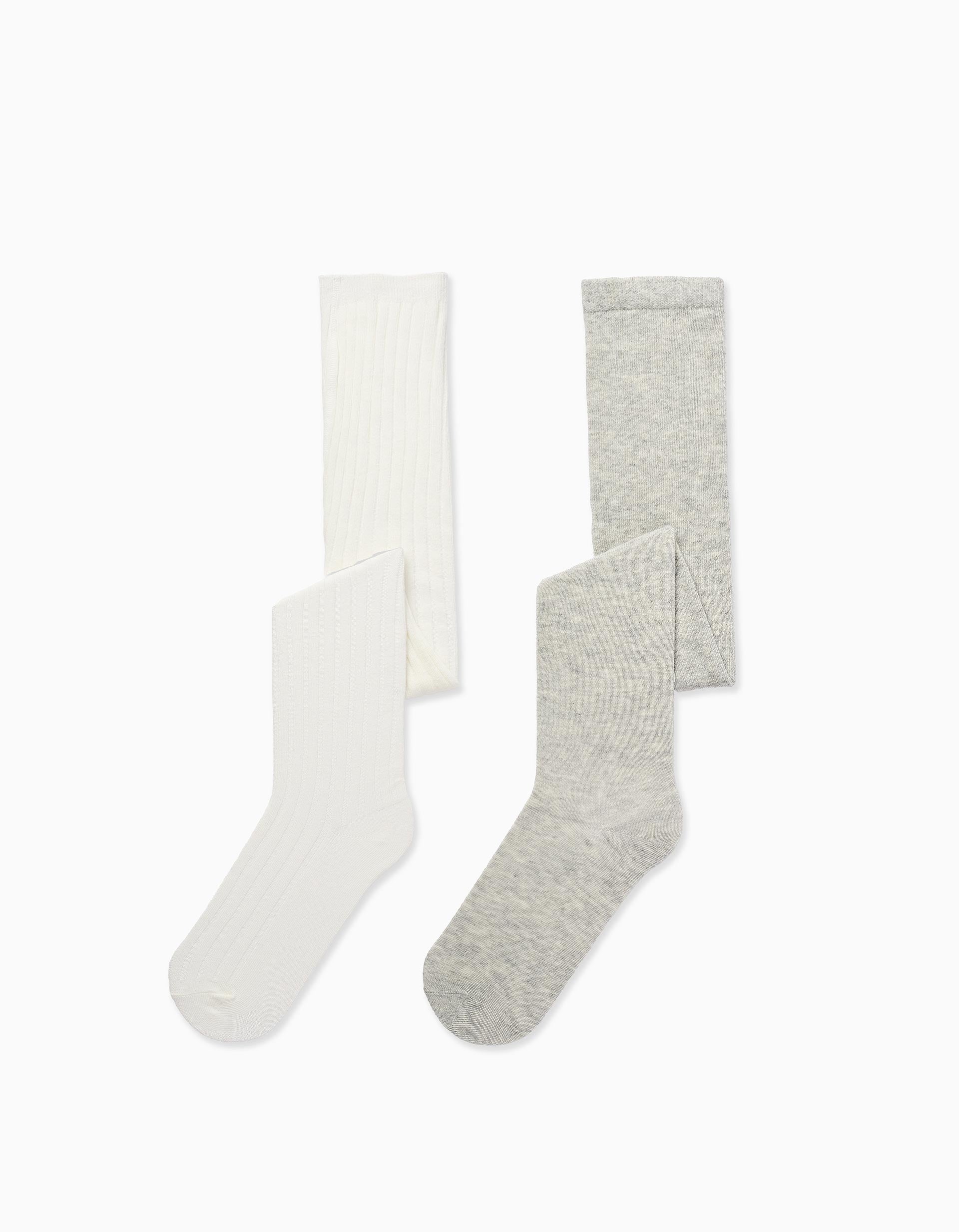 Pack 2 Collants Liso/Canelado para Menina, Branco/Cinza