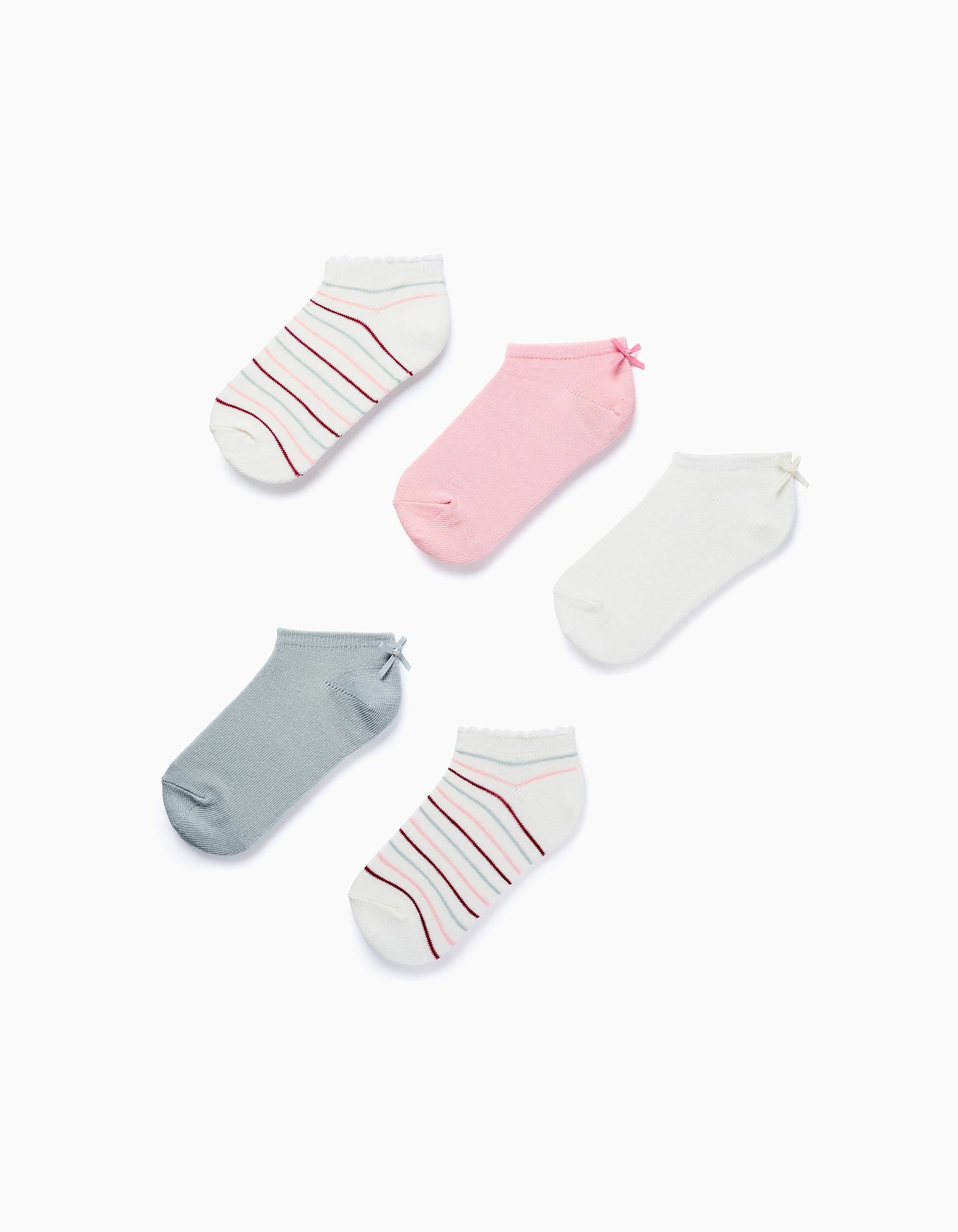 Pack 5 Paires de Chaussettes Courtes avec Noeud/Rayures pour Fille, Multicolore