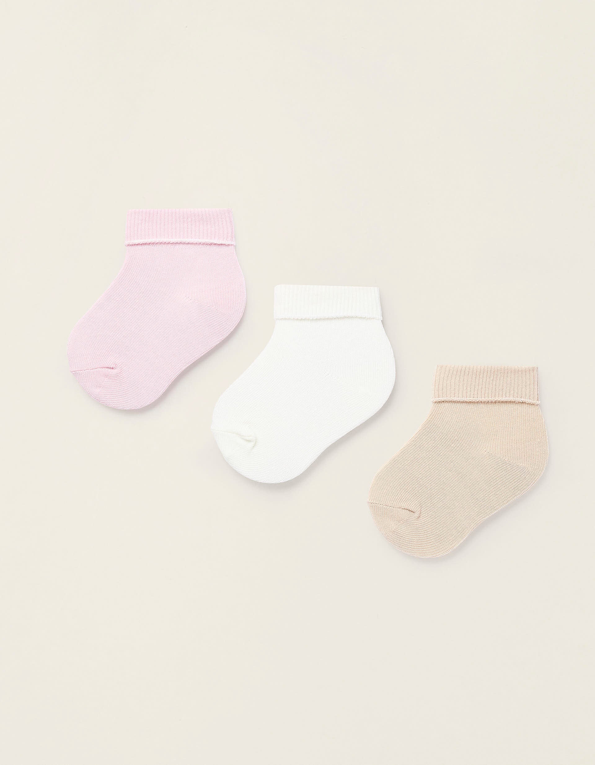 Pack 3 Paires de Chaussettes Côtelées pour Nouveau-née, Rose/Blanc/Beige