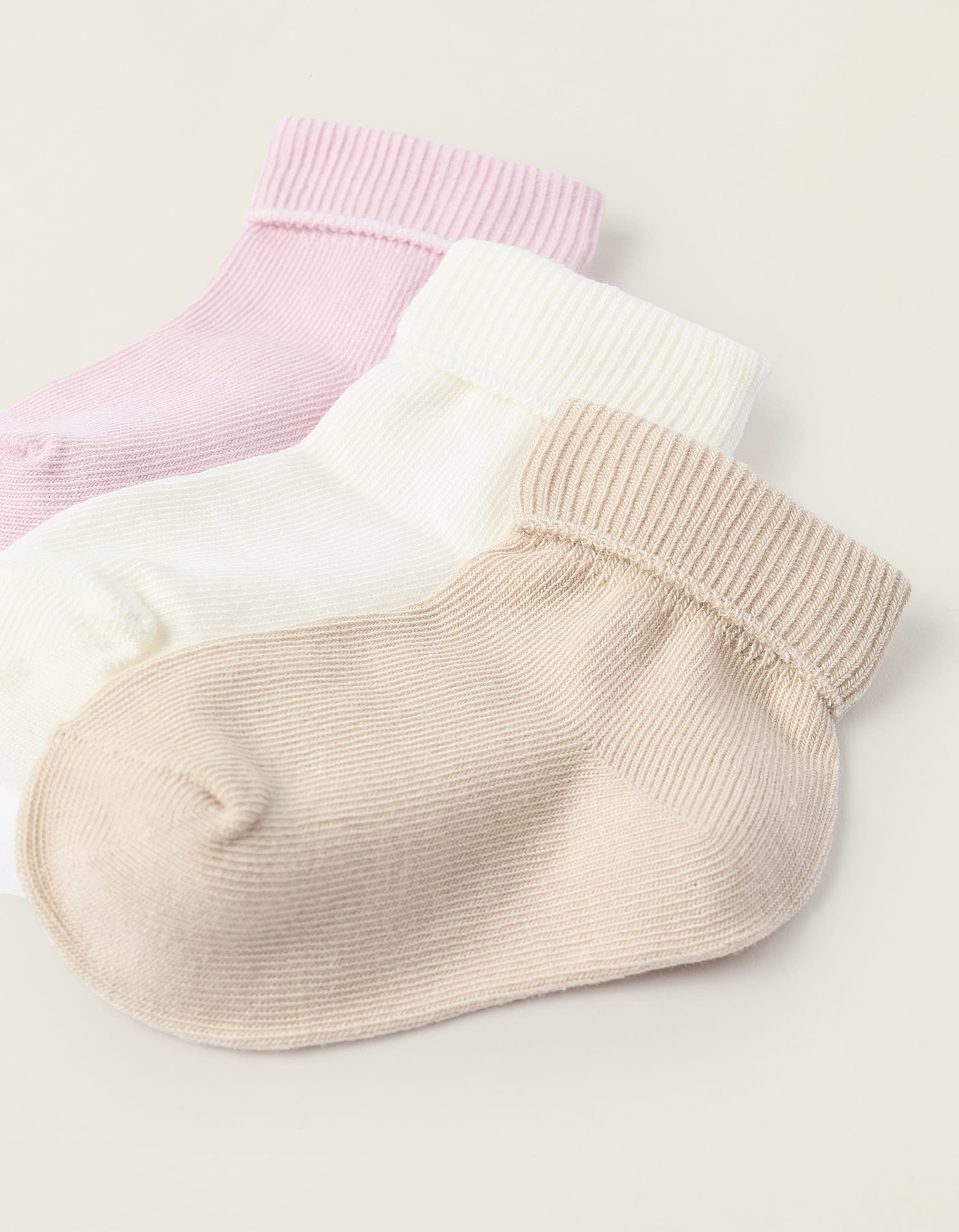 Pack of 3 pairs of Ribbed Socks for Newborn Girls, Pink/White/Beige