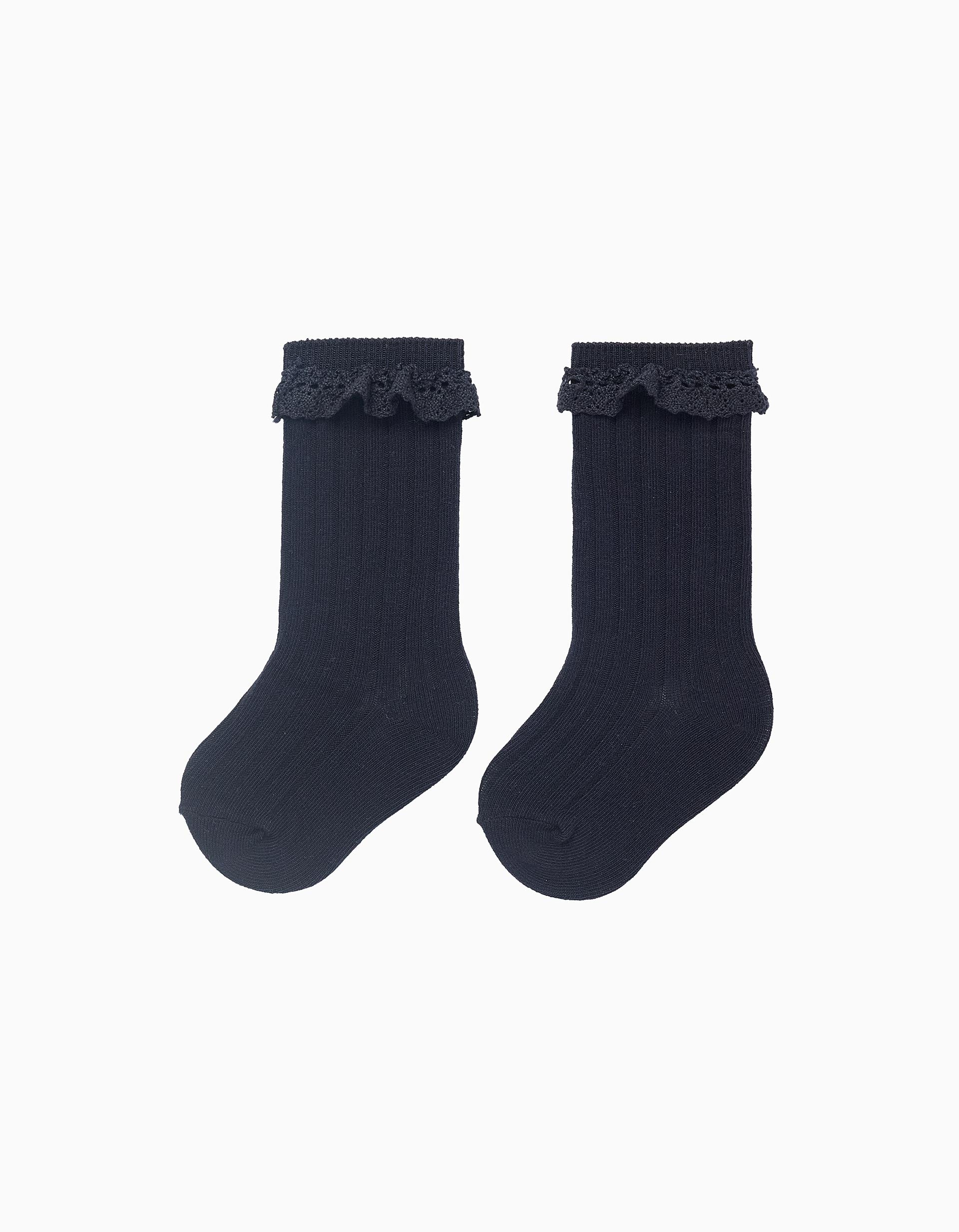 High Socks with Lace for Baby Girls, Dark Blue